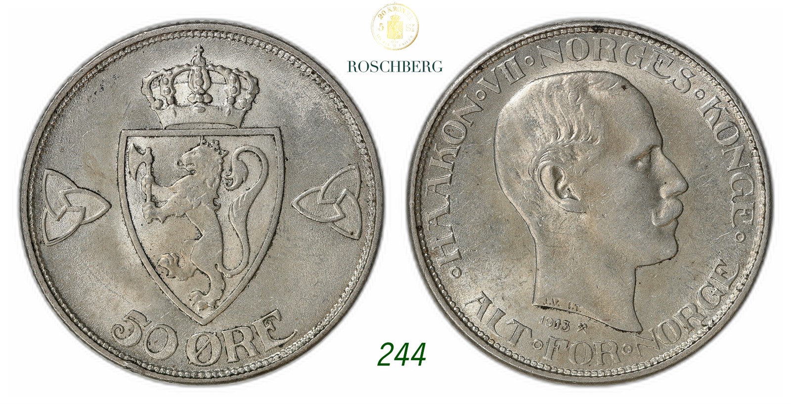 NORWAY. Haakon VII. 50 Øre 1913.