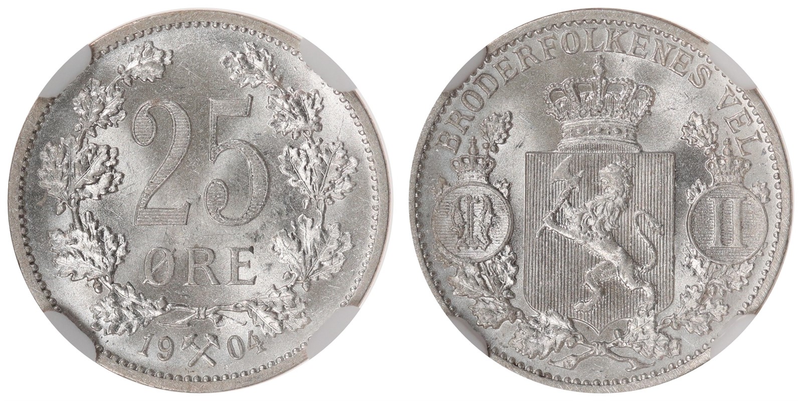 NORWAY. Oscar II. 25 Øre. 1904. NGC MS64.