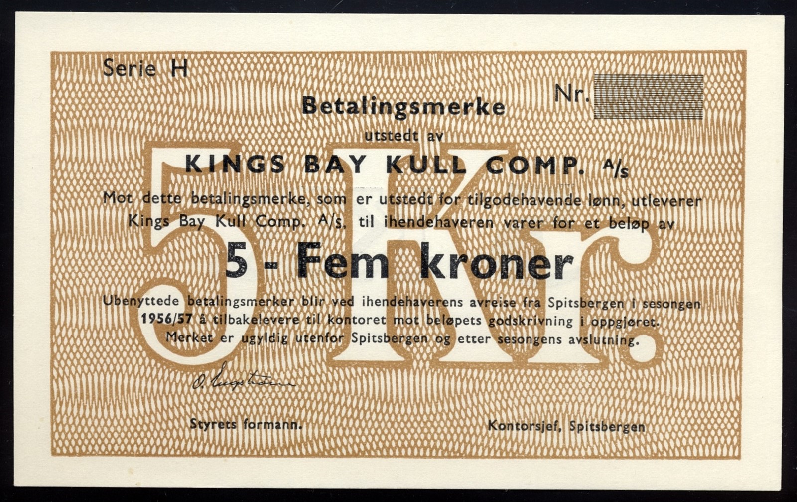 KINGS BAY. 5 Kroner 1956/57 Blankett/remainder Kv 0- (UNC)