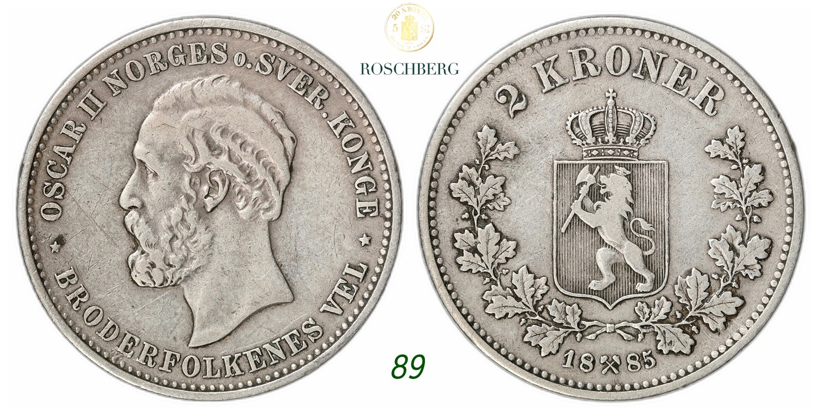 NORWAY. Oscar II. 2 Kroner 1885.