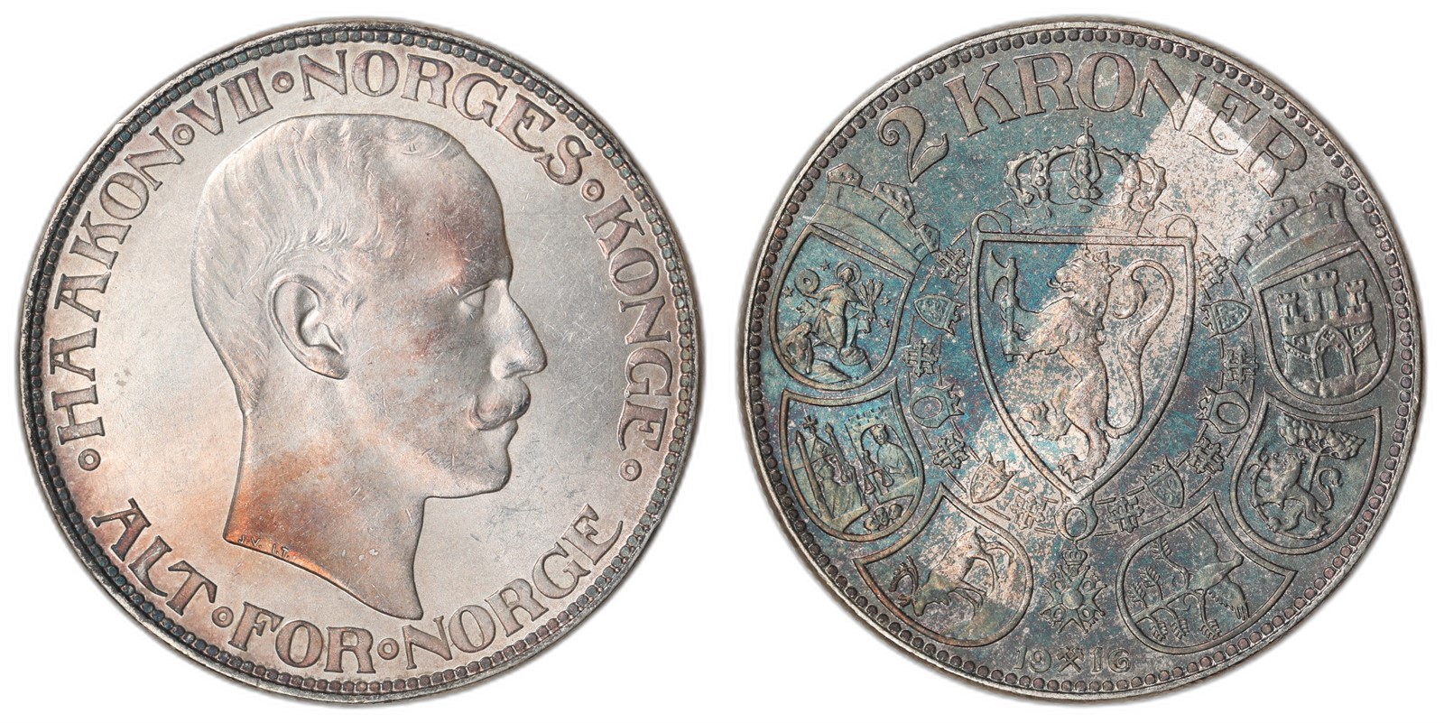 NORWAY. Haakon VII. 2 Kroner 1916. Kv 0 (UNC).