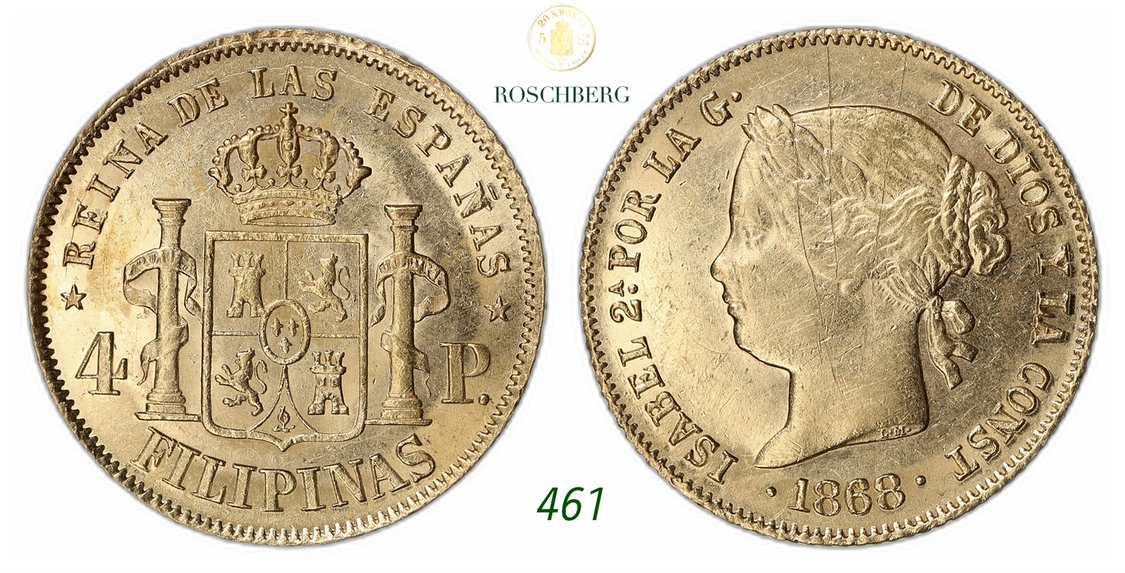 PHILIPPINES, Spanish. Isabel II. 4 Pesos Gold 1868/58.