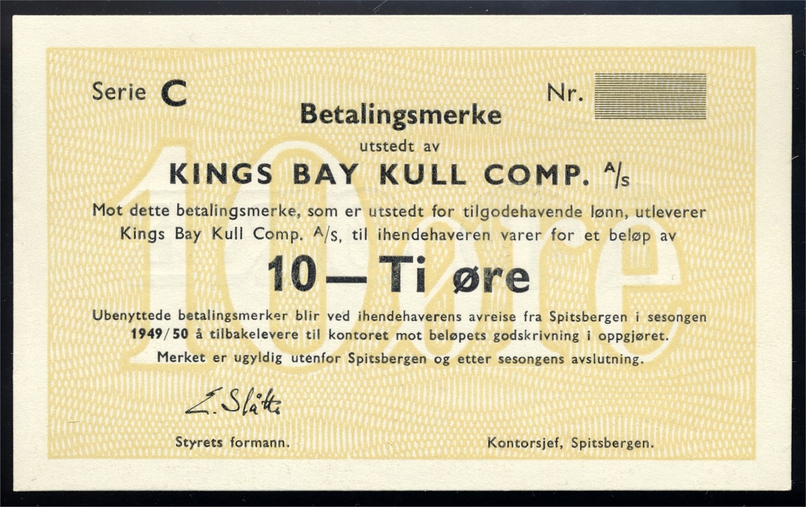 KINGS BAY. 10 Øre 1949/50 Blankett/remainder Kv 0/01 (UNC)