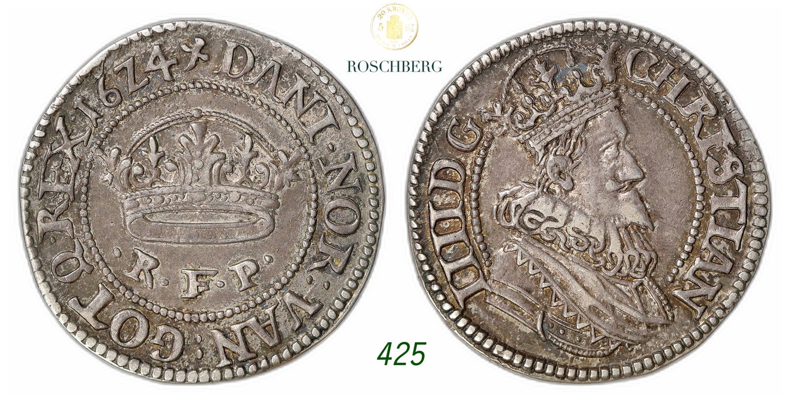DENMARK. Christian IV. 1/2 Krone 1624.