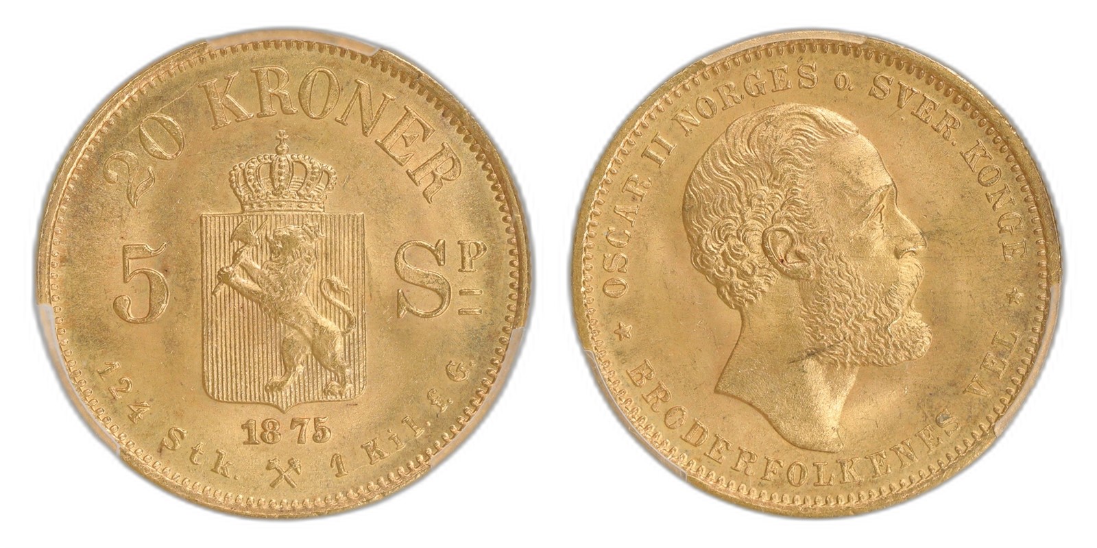 Norway. Oscar II. 20 Kroner / 5 Sp Gold 1875. Kv PCGS MS66+.