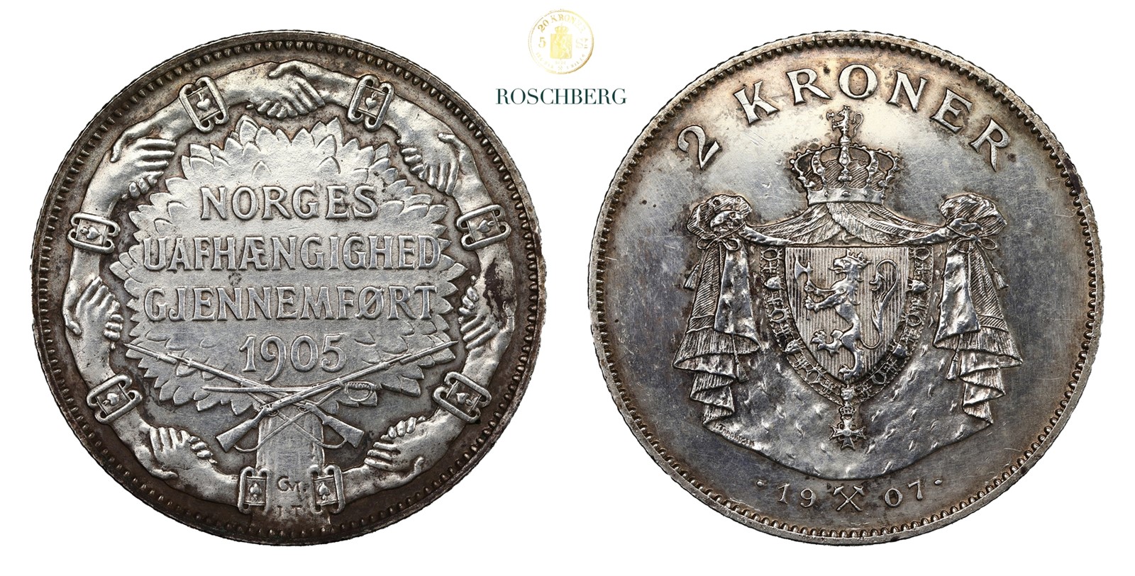 Norge 2 Kroner 1907 Gevær Kv 01