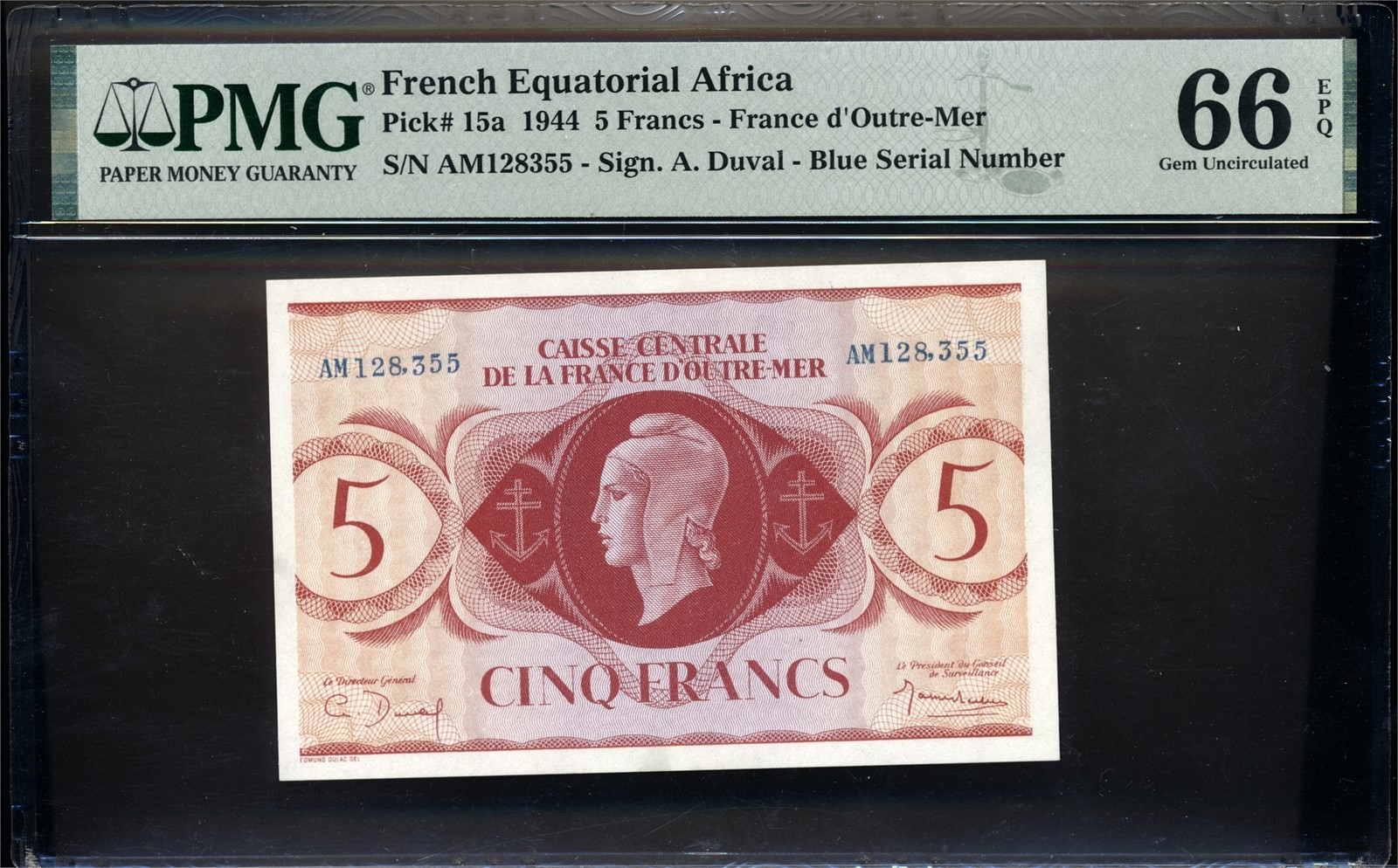 FRENCH EQUITORIAL AFRICA. 5 Francs 1944 AM128355 PMG 66EPQ