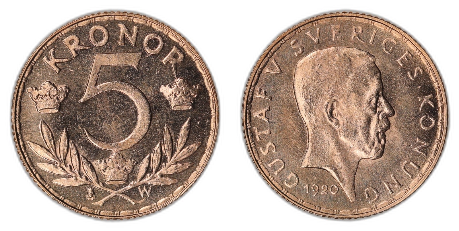 SWEDEN. Gustav V. 5 Kronor. 1920-W. 0 (UNC).