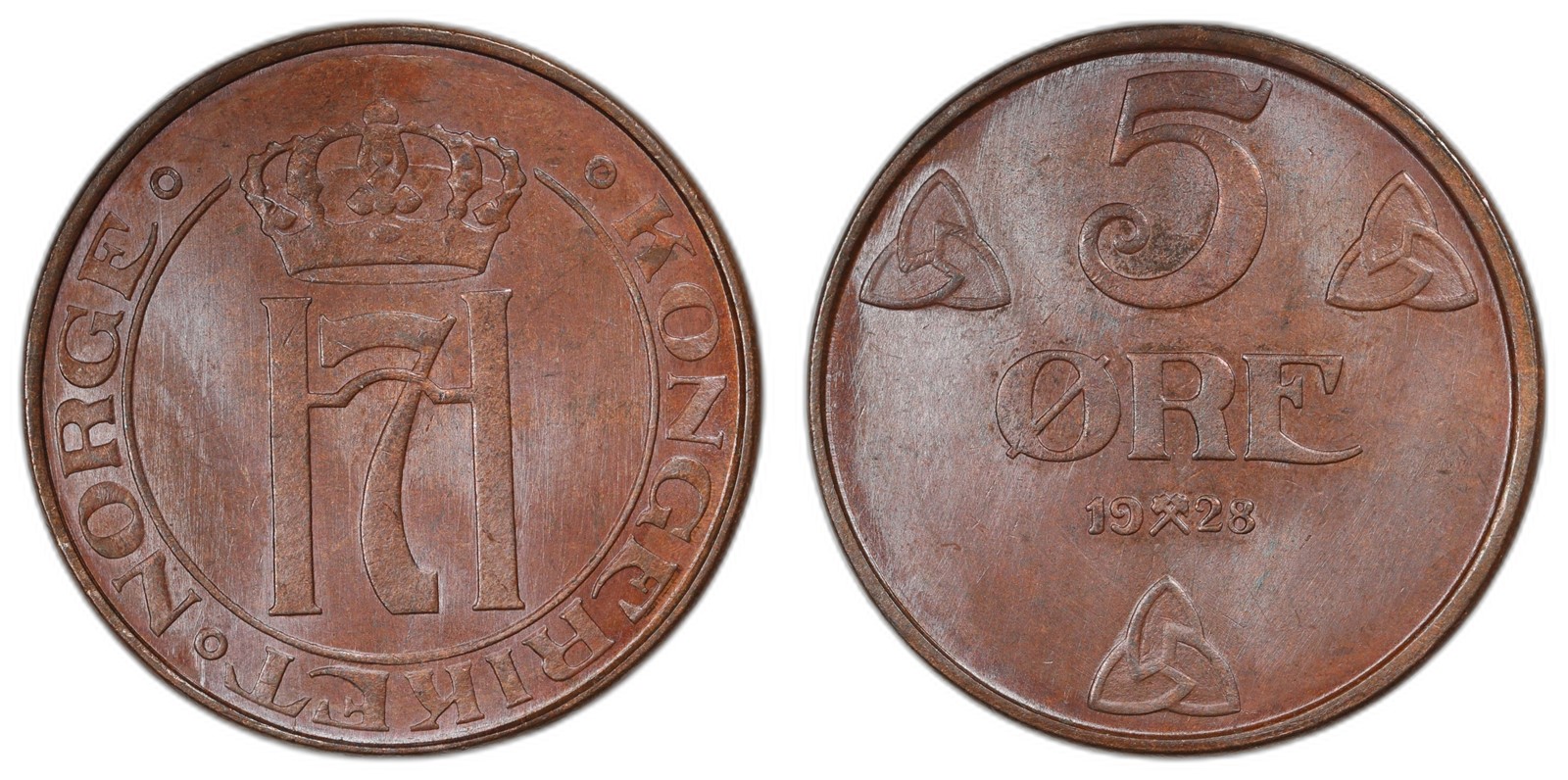 NORWAY. Haakon VII. 5 Øre 1928. Kv 0 (UNC).