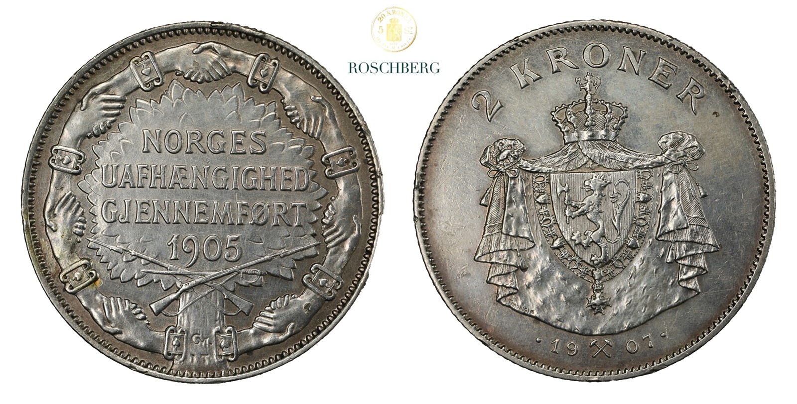 Norge 2 Kroner 1907 Gevær Kv 1+, renset