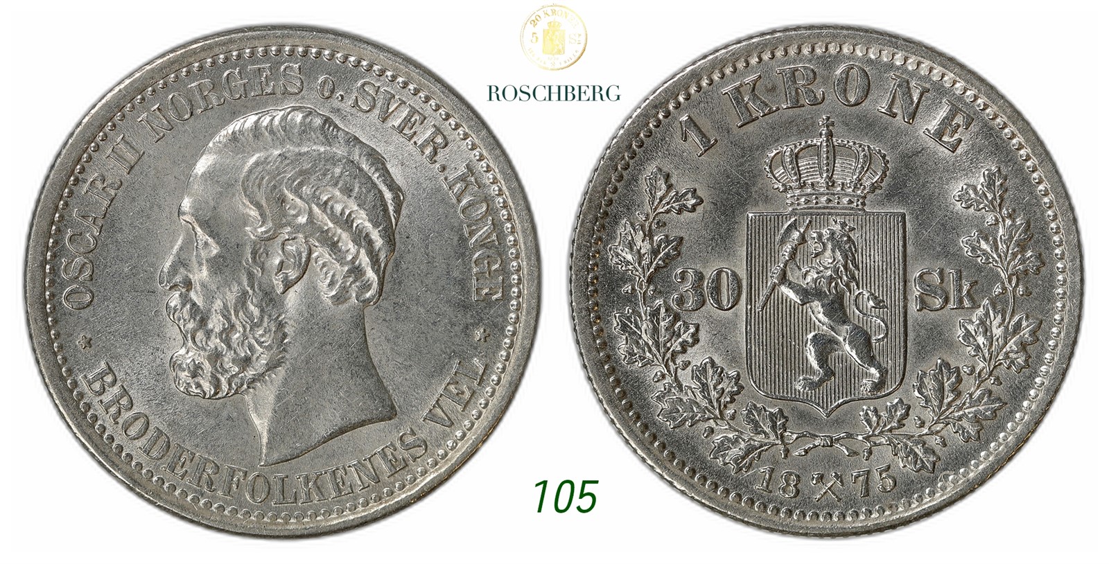 NORWAY. Oscar II. 1 Krone / 30 Sk. 1875.