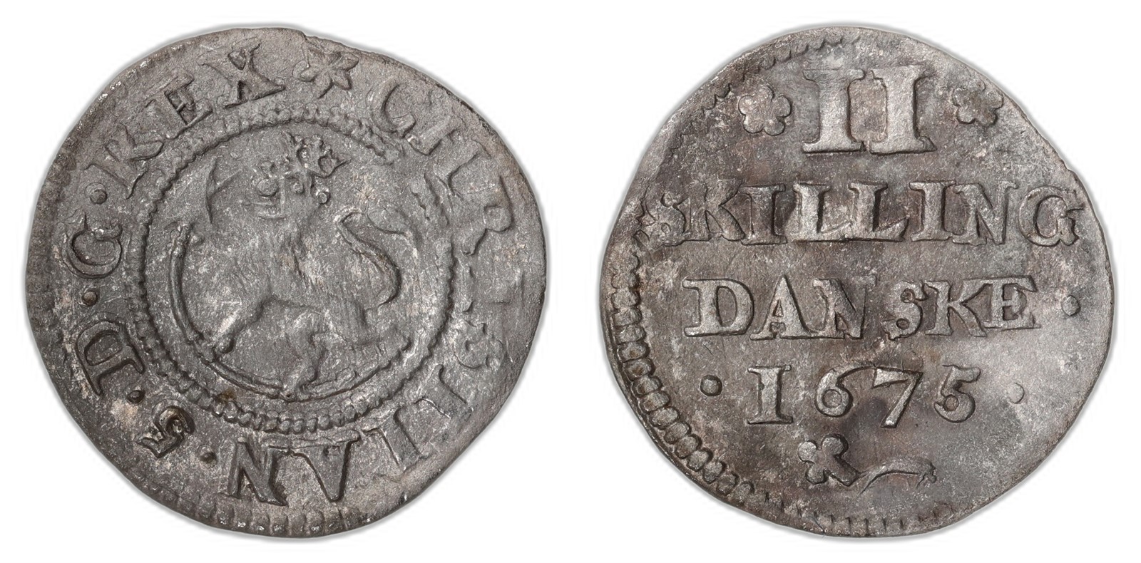 NORWAY. Christian V. 2 Skilling. 1675. Kv 1 (VF).