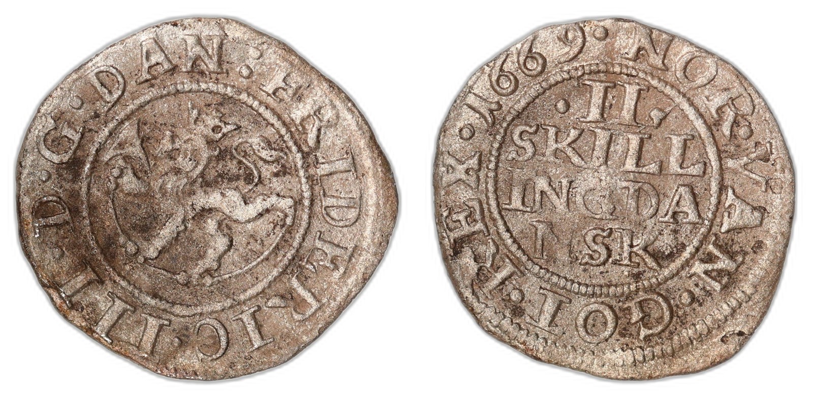 NORWAY. Frederik III. 2 Skilling. 1669. Kv 1 (VF).