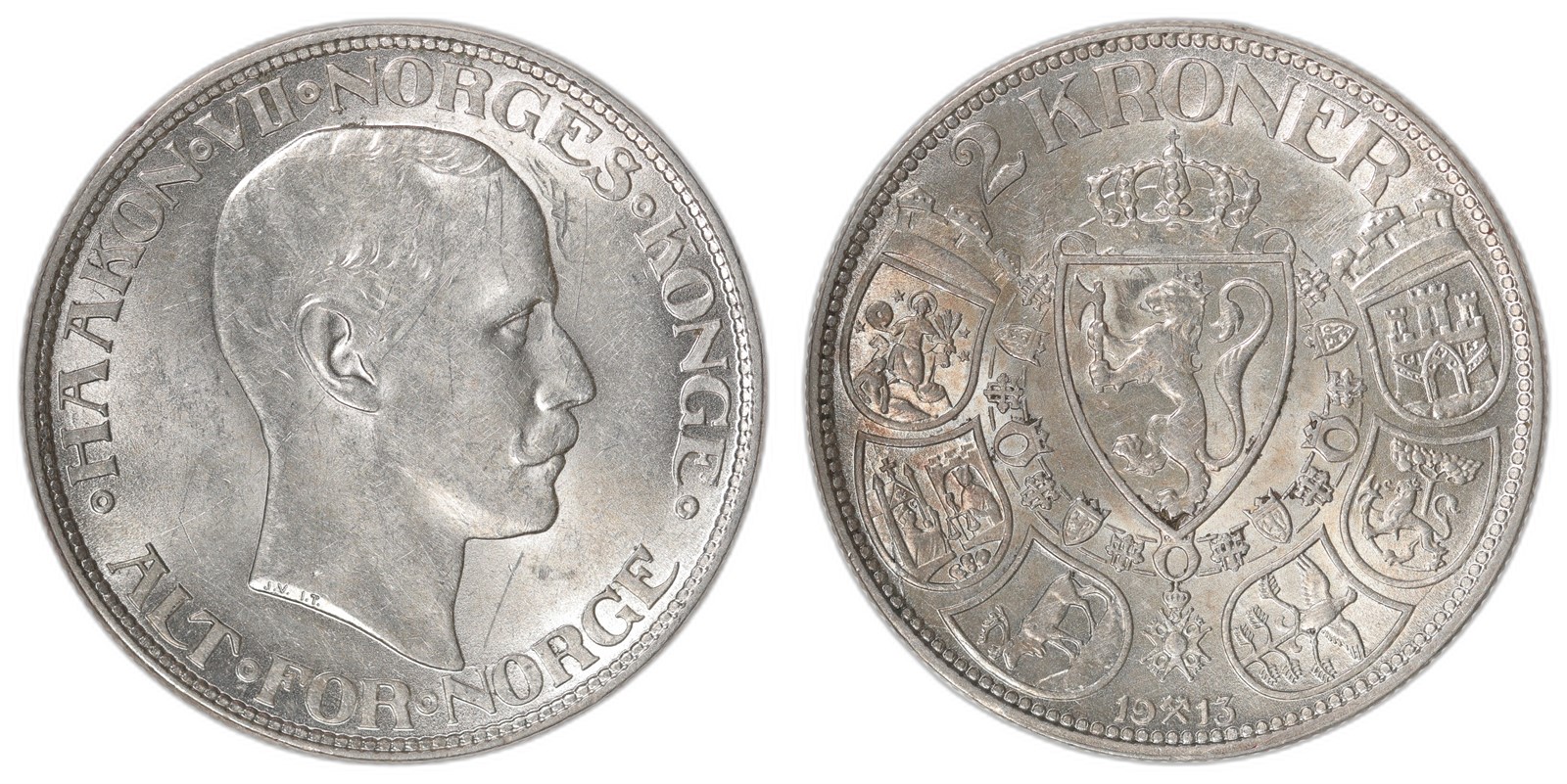 NORWAY. Haakon VII. 2 Kroner. 1913. Kv 01 (AU).