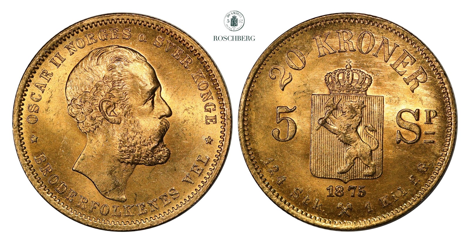 20 Kroner / 5 Sp. 1875 Kv 0/01 (UNC)