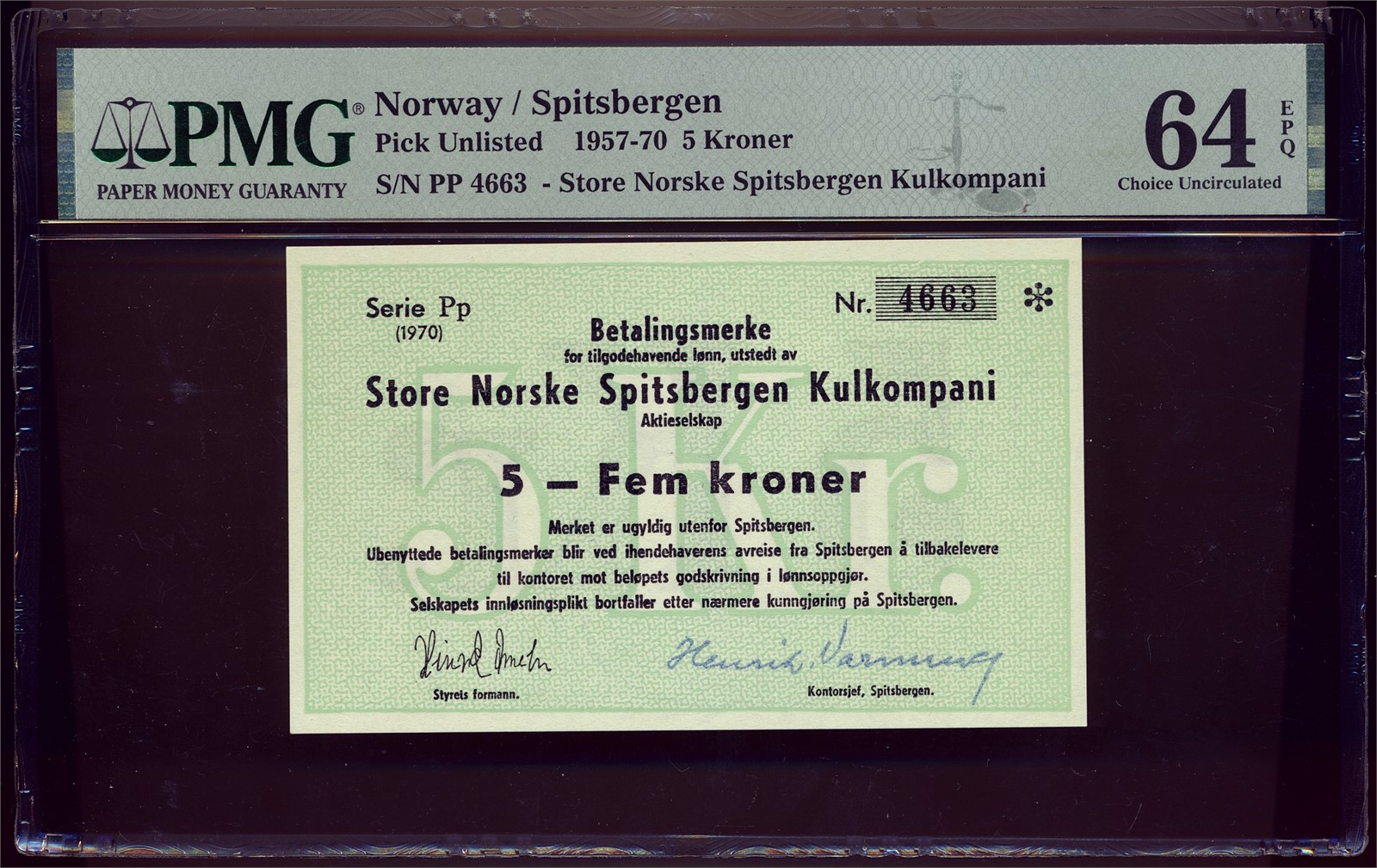 STORE NORSKE SPITSBERGEN KULKOMPANI. 5 Kroner 1970 Pp. Type 1 PMG 64 EPQ.
