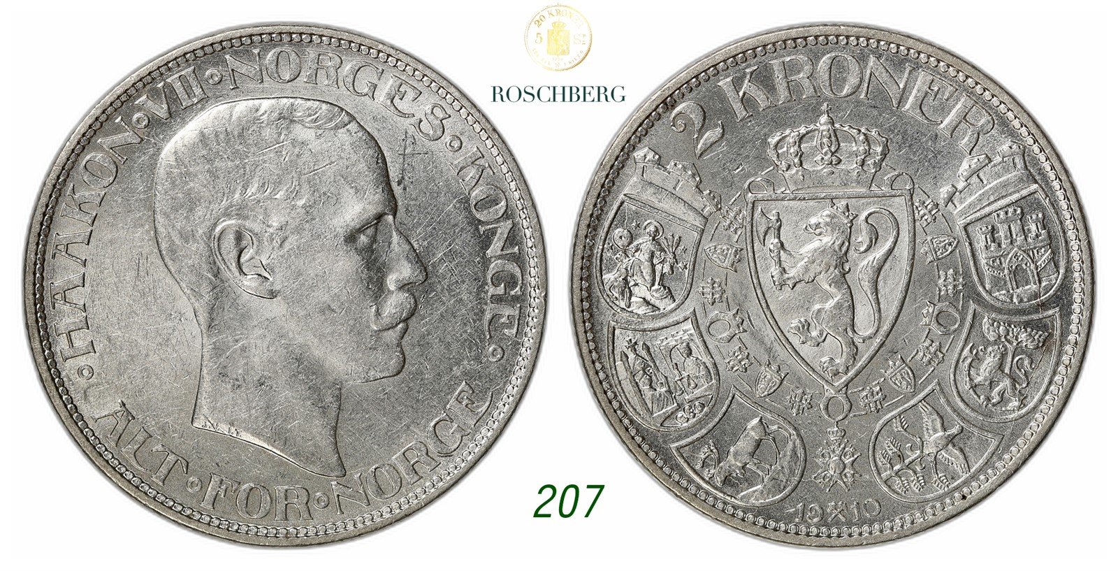 NORWAY. Haakon VII. 2 Kroner 1910.
