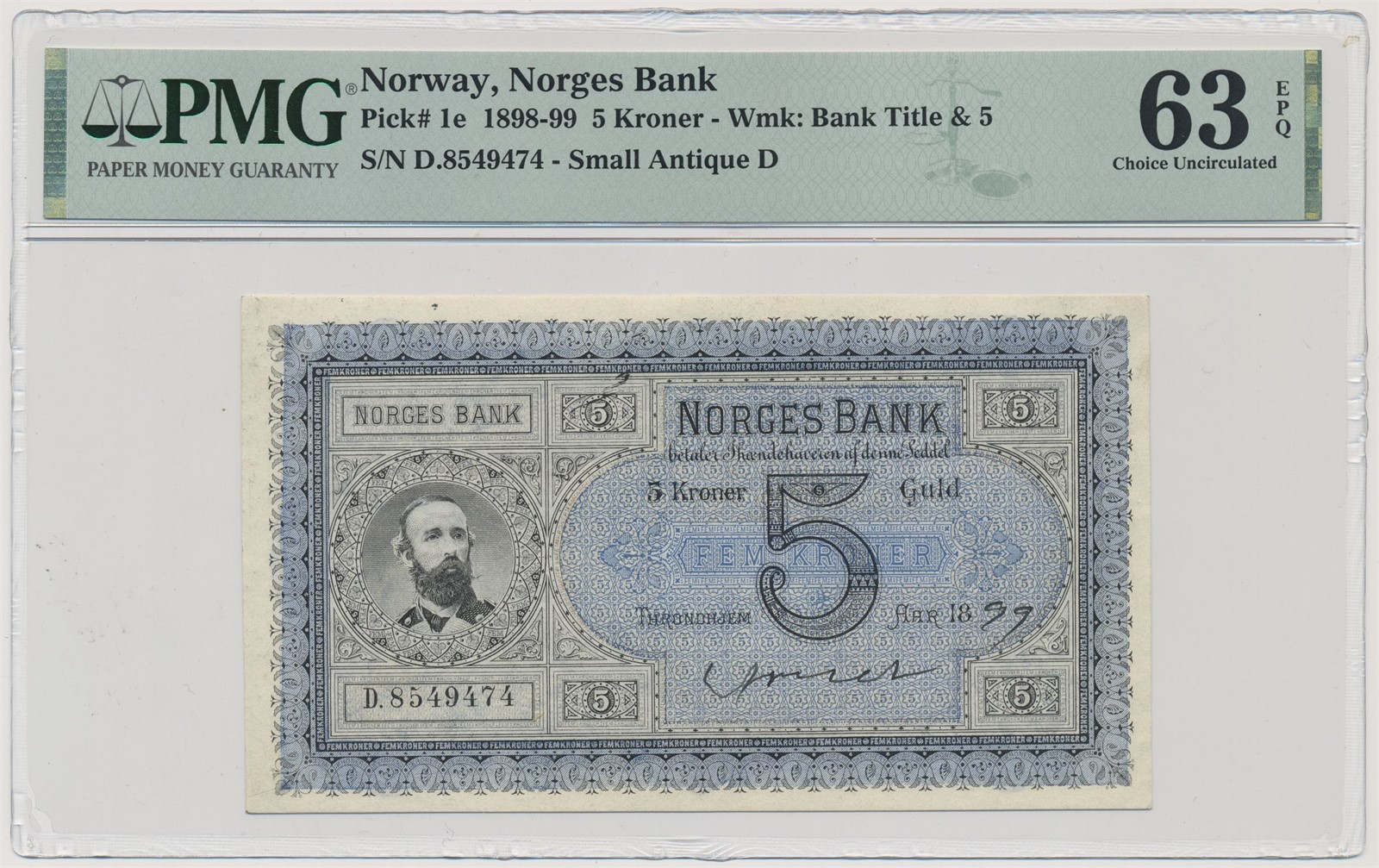 5 Kroner 1899 D, sign Arnet, PMG 63 EPQ