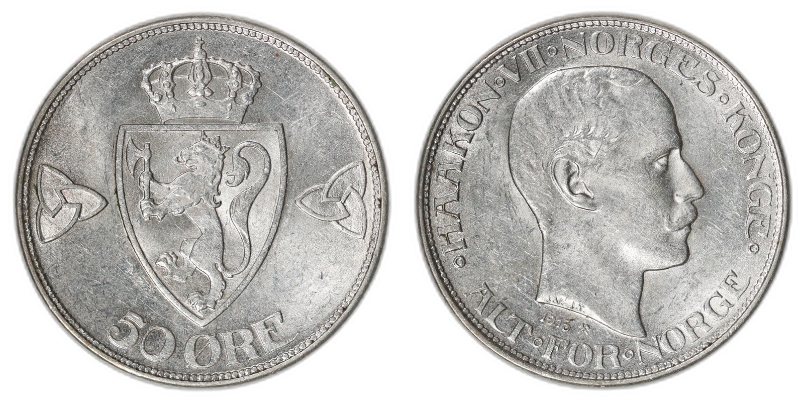 NORWAY. Haakon VII. 50 Øre. 1915. Kv 0/01 (UNC).