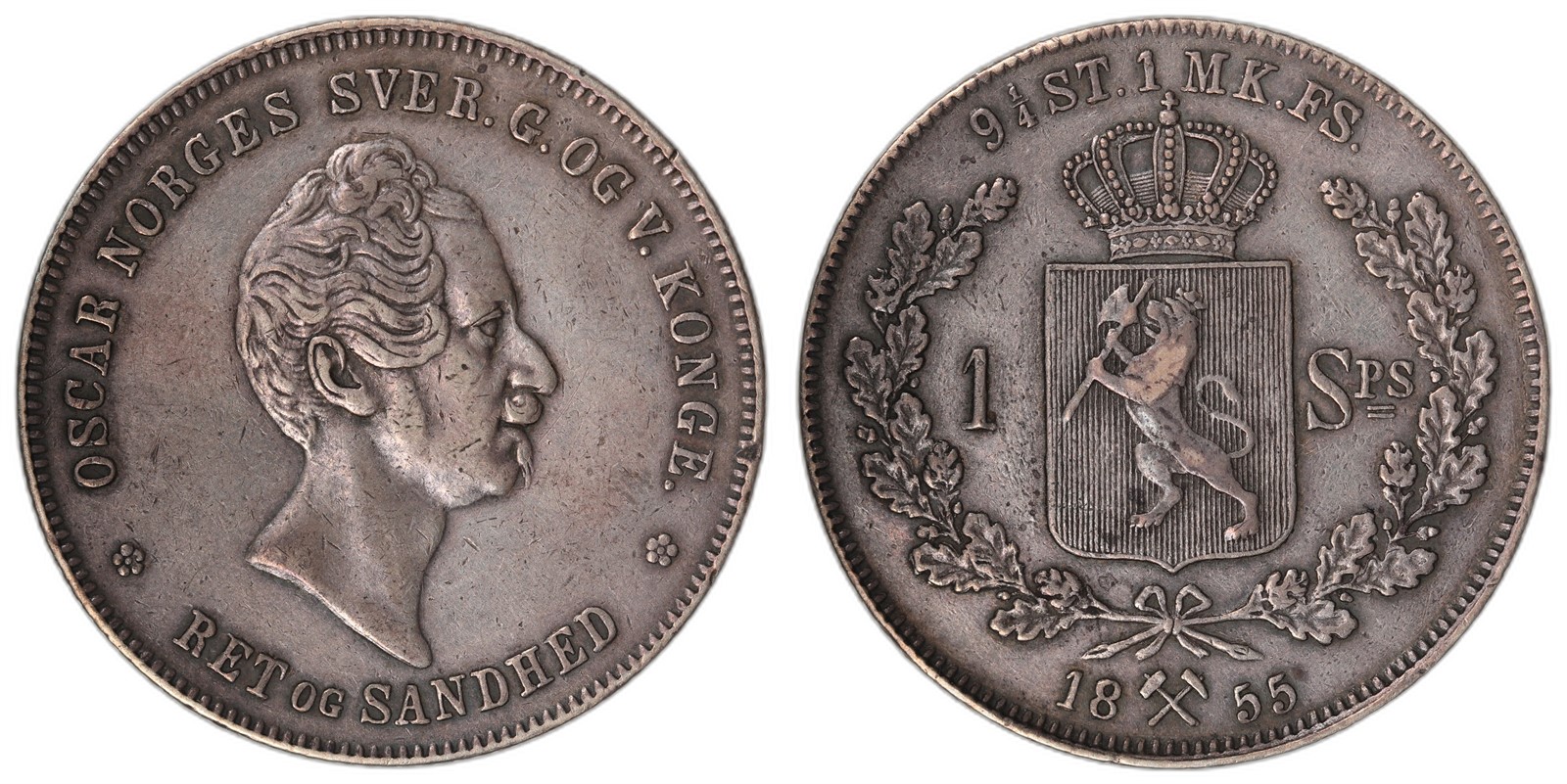 NORWAY. Oscar I. 1 Speciedaler 1855. Kv 1+ (XF).
