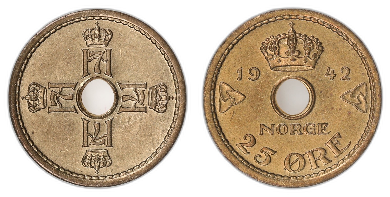NORWAY. Haakon VII. 25 Øre 1942. London. Kv 0/01 (UNC).
