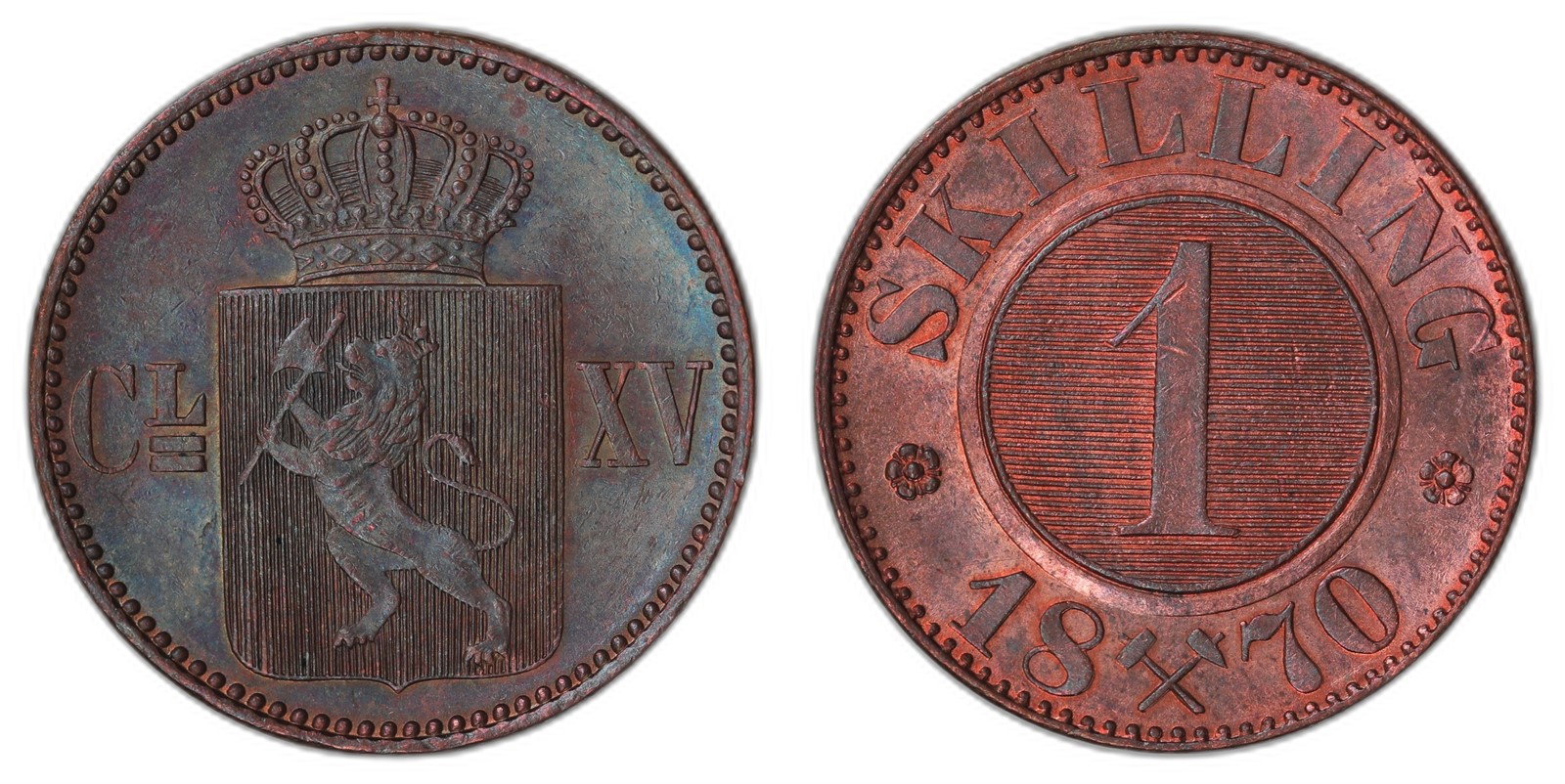 NORWAY. Carl XV. 1 Skilling 1870. Kv 0/01 (UNC).