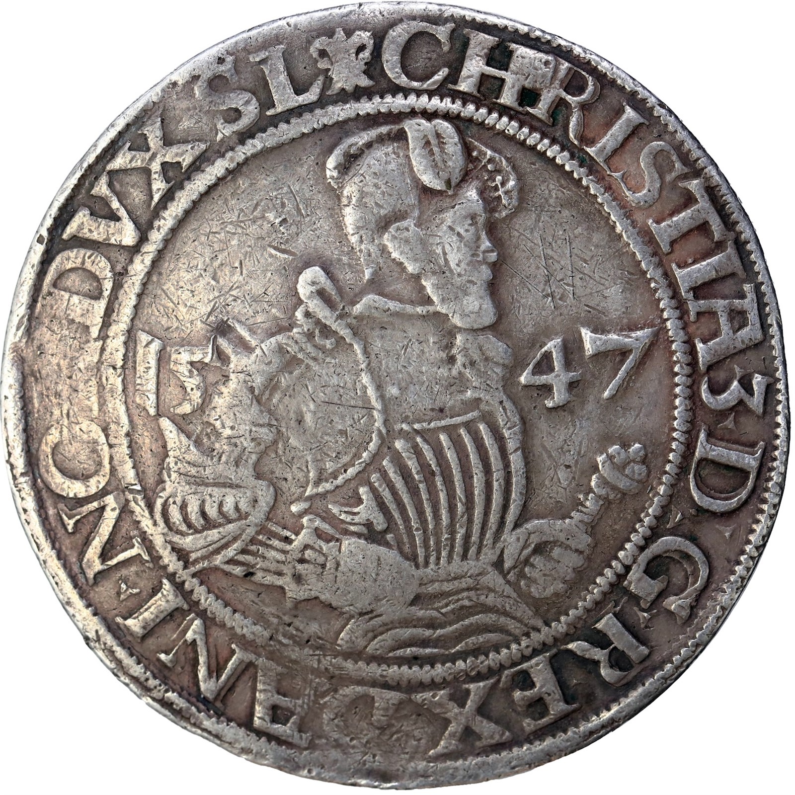 DENMARK, FLENSBURG. Christian III. Sølvgylden 1547 Kv 1 (F/VF).