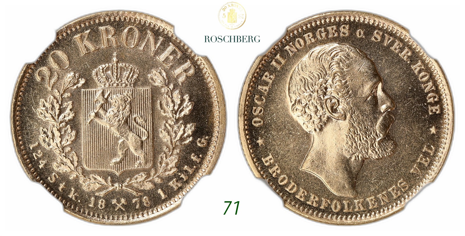 NORWAY. Oscar II. 20 Kroner Gold 1878.