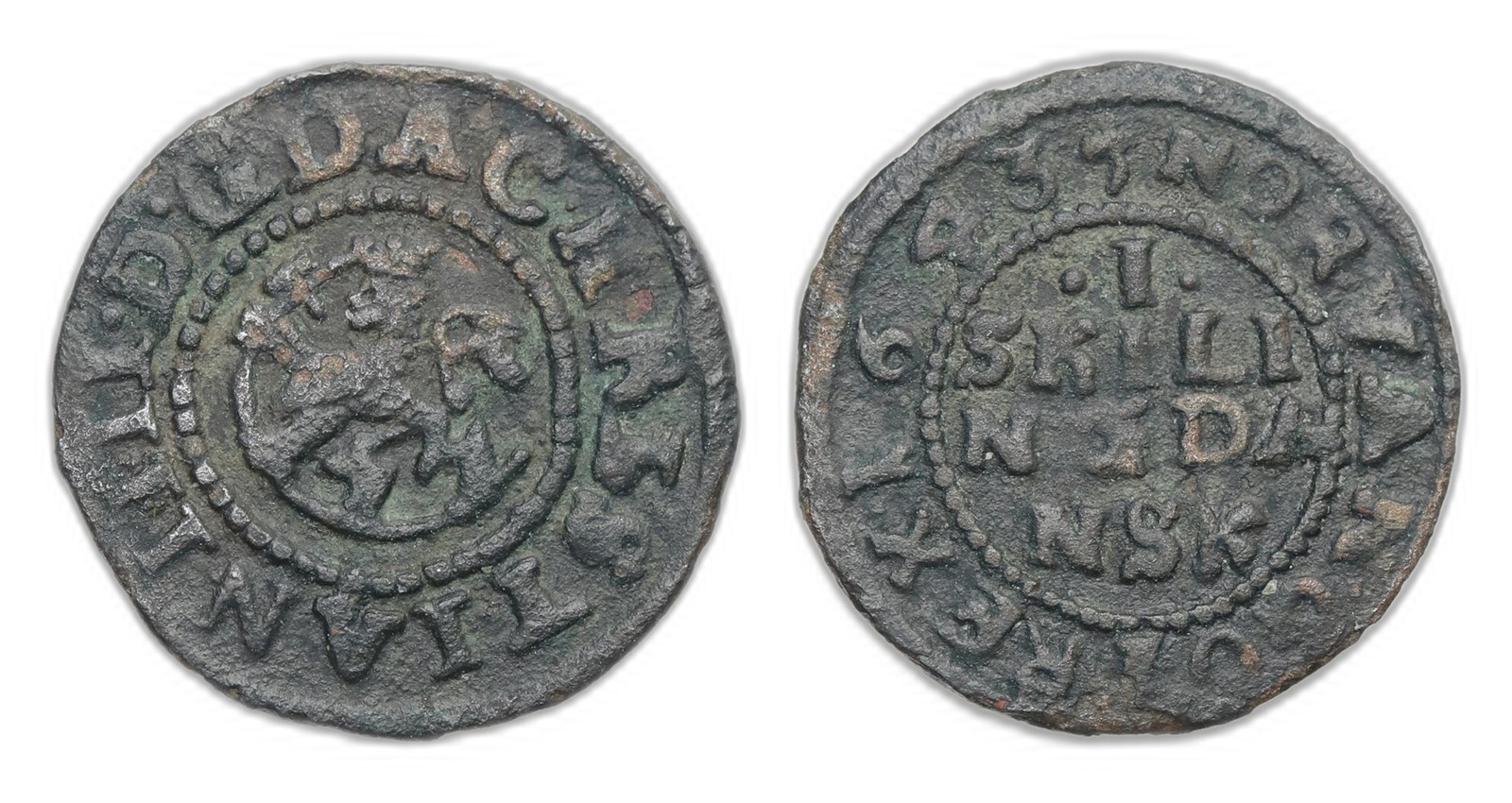 Norway. Christian IV. 1 Skilling 1643. Kv 1+.