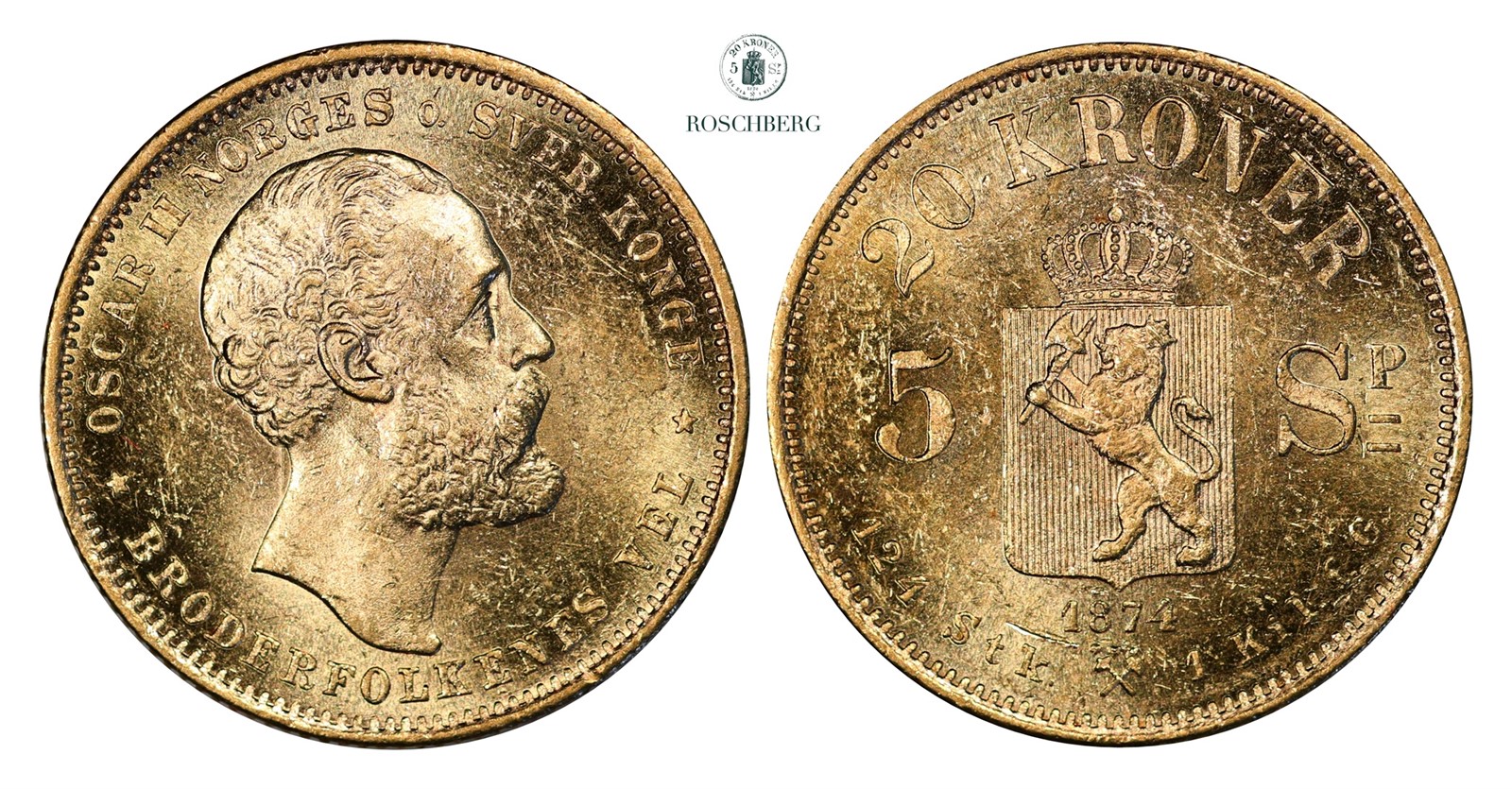 20 Kroner / 5 Sp. 1874 Kv 0/01 (UNC)