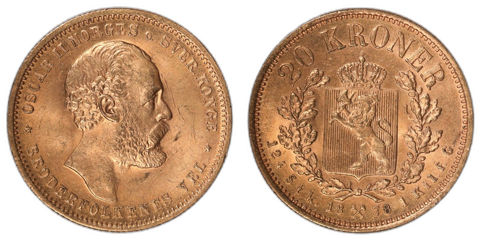 NORWAY. Oscar II. 20 Kroner 1878. Kv 0/01 (UNC).