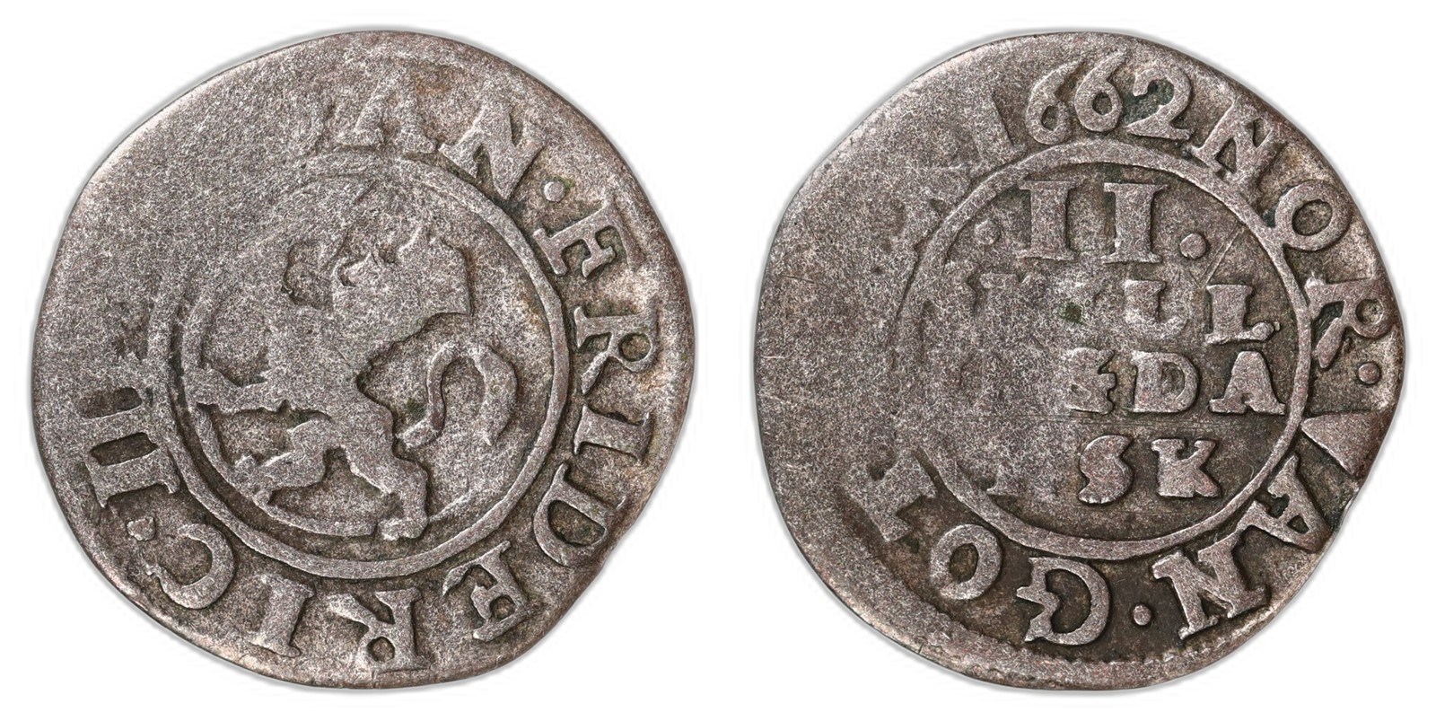 NORWAY. Frederik III. 2 Skilling. 1662. Kv 1- (F).