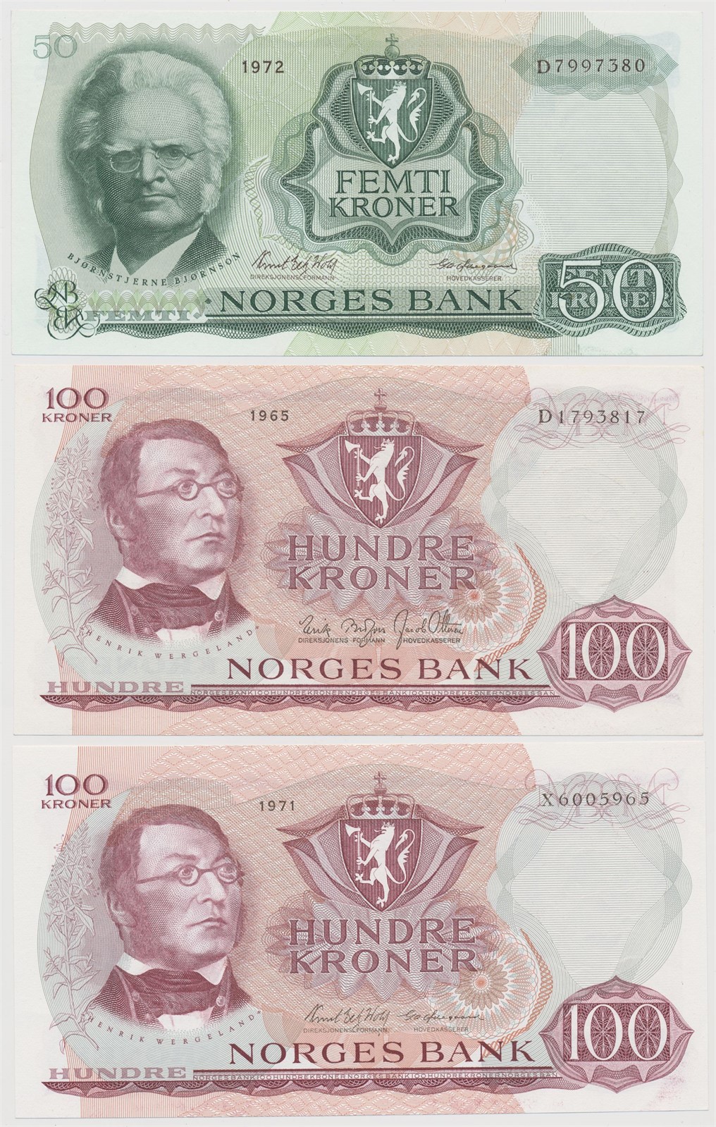 Lot 3 Sedler: 100 Kroner 1965 D, 1971 X  50 Kroner 1972 D 01-0/01 (AU/UNC)