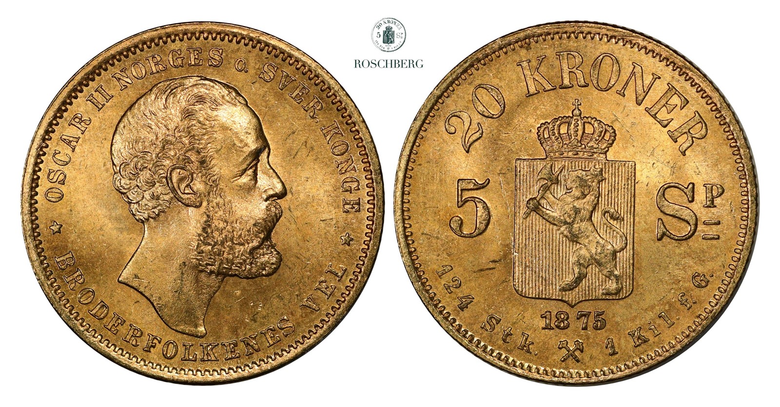 20 Kroner / 5 Sp. 1875 Kv 0/01 (UNC)