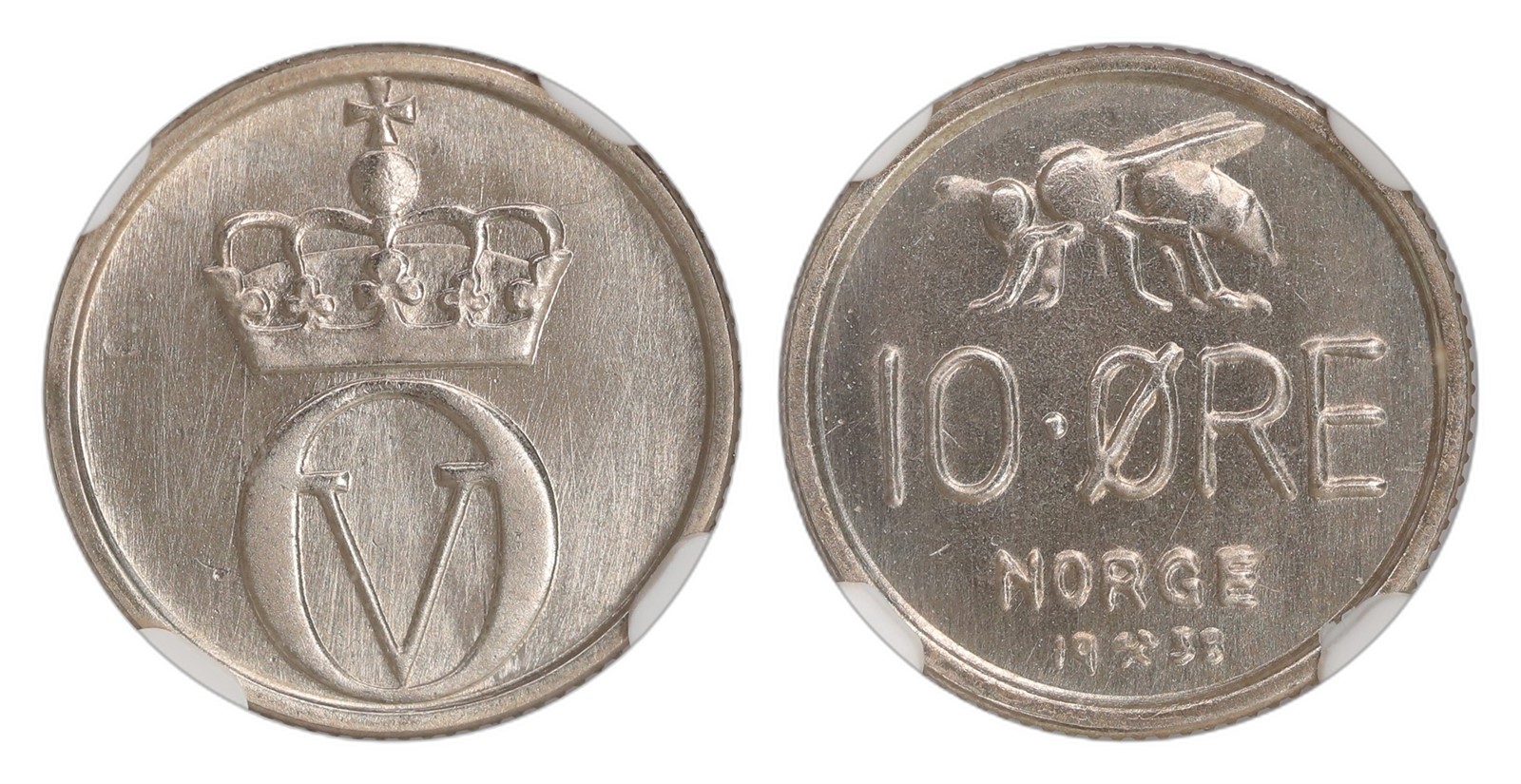 Norway. Olav V. 10 Øre 1958. Kv NGC MS66 PRAKTEX.