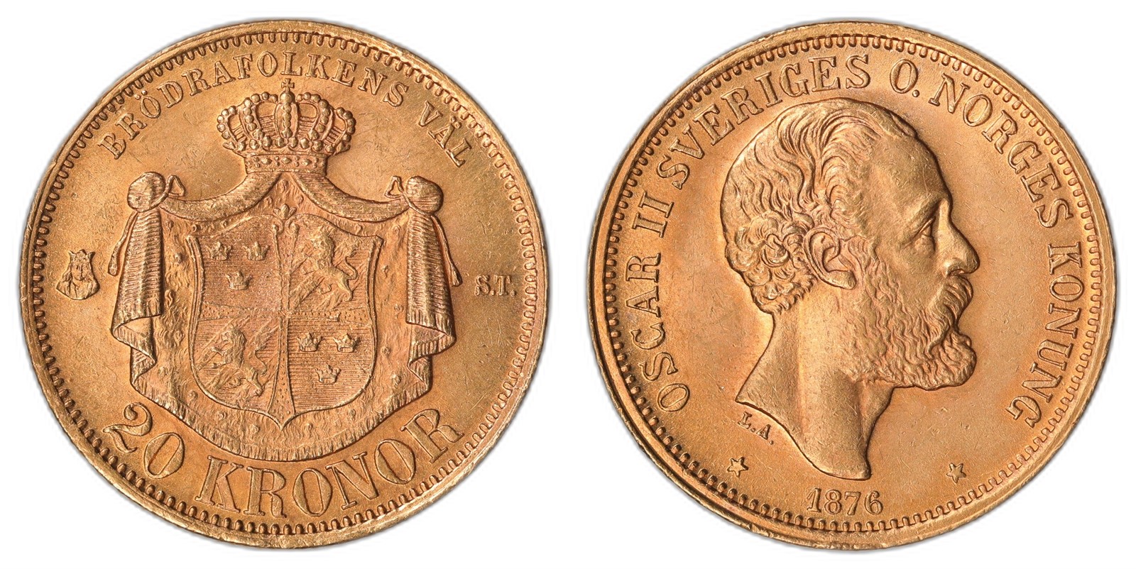 SWEDEN. Oscar II. 20 Kronor. 1876-ST LA. 0/01 (UNC).