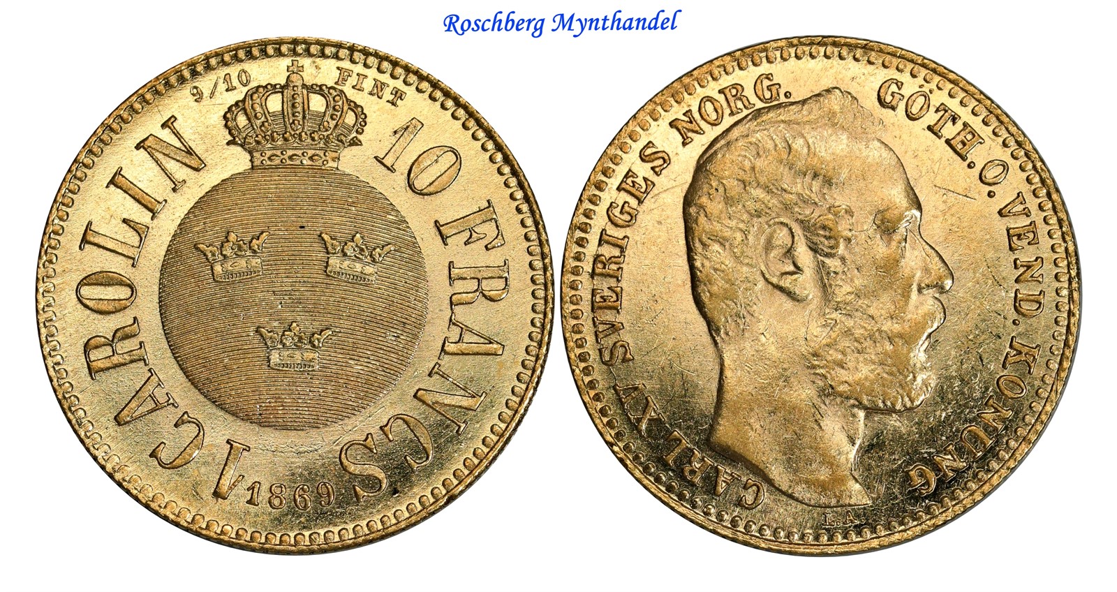 SWEDEN. 10 Francs  / 1 Carolin 1868 UNC
