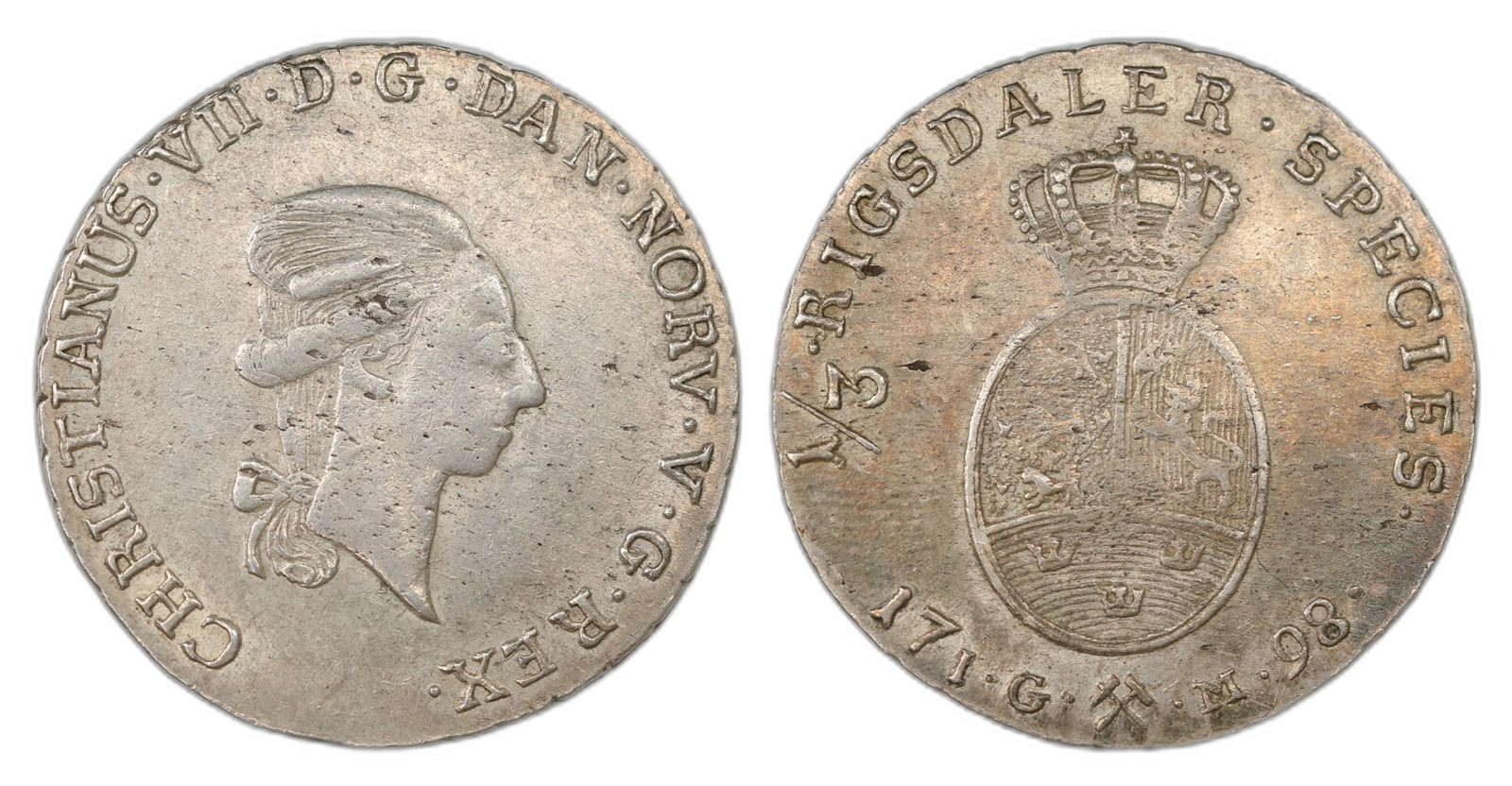 Norway. Christian VII. 1/3 Speciedaler 1798- IGM. Kv 1+/01.
