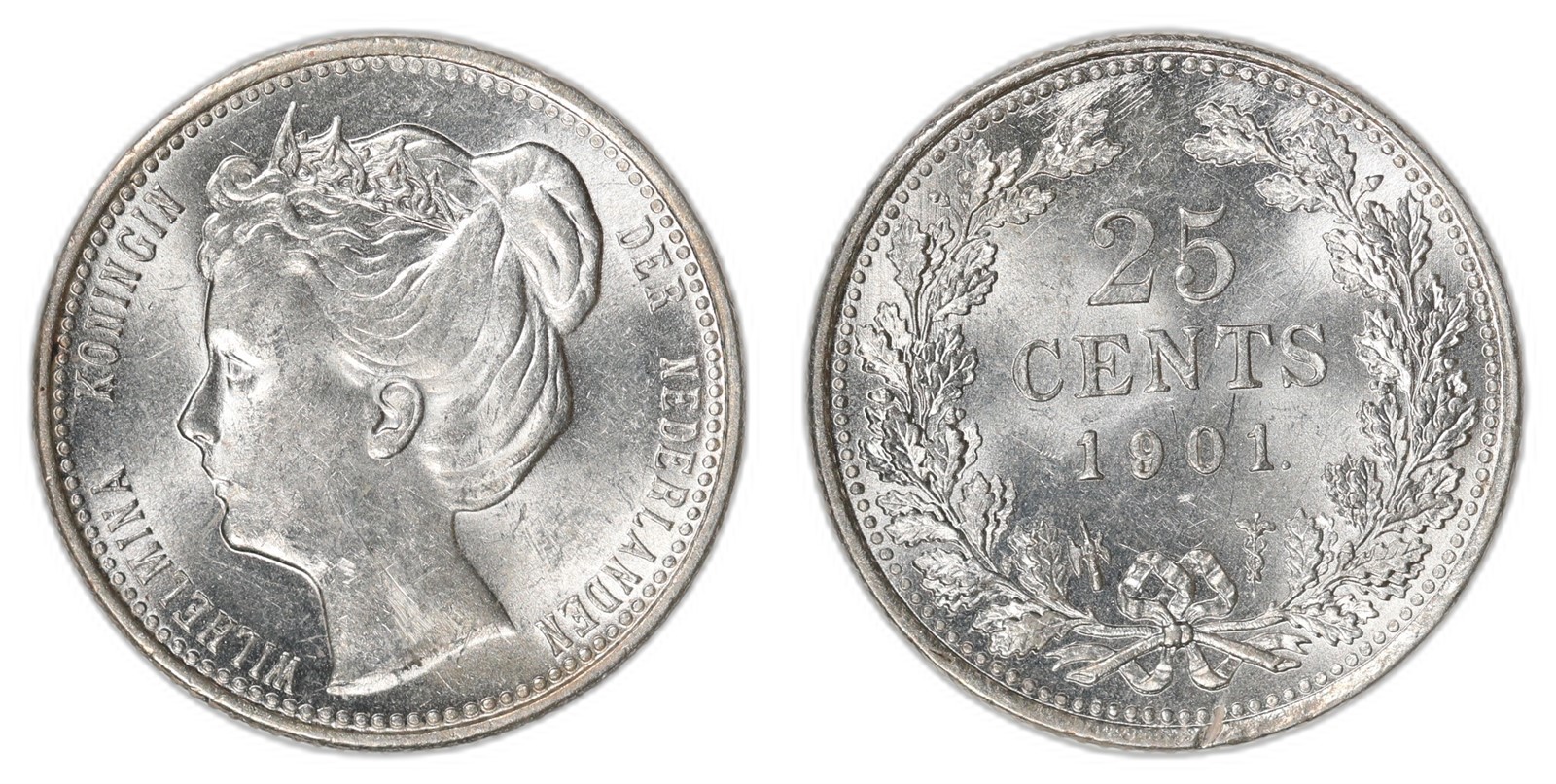 NETHERLANDS. Wilhelmina. 25 Cent. 1901. UNC.