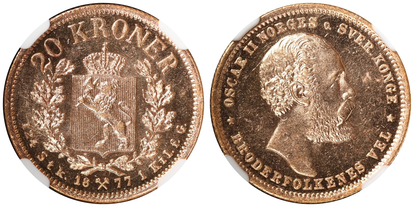 NORWAY. Oscar II. 20 Kroner 1877. NGC MS64.
