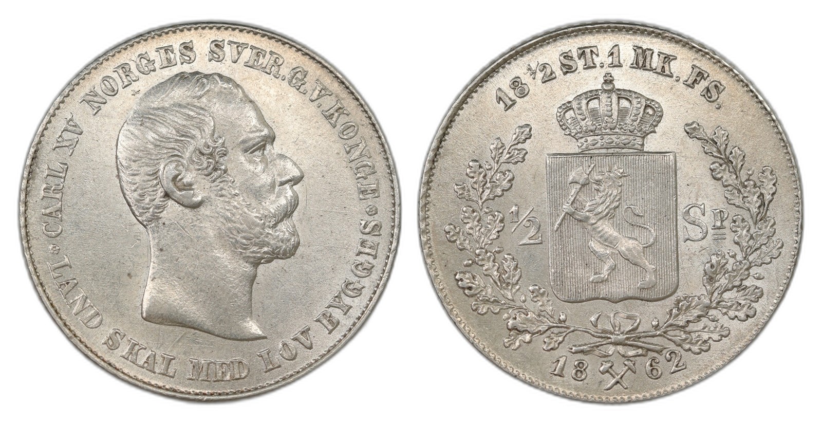 Norway. Carl XV. 1/2 Speciedaler 1862. Kv 0/01.
