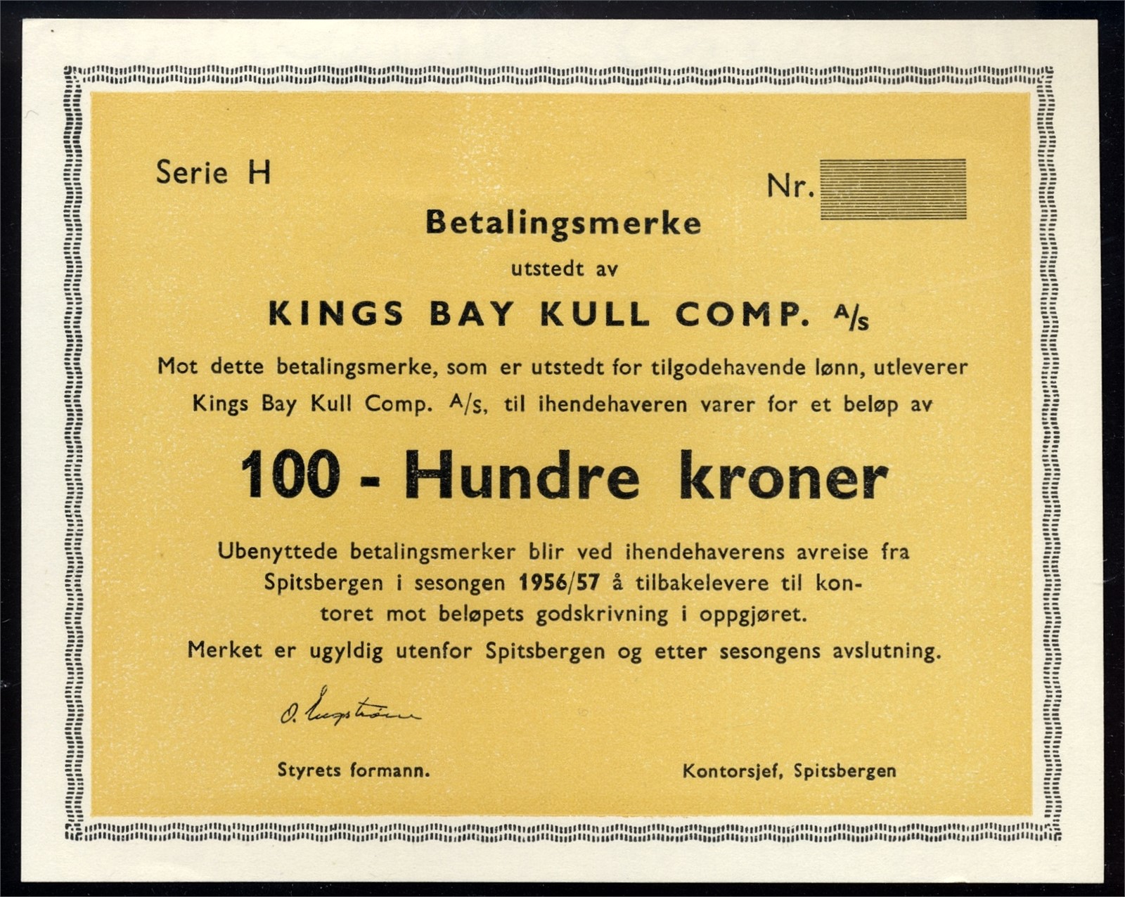 KINGS BAY. 100 Kroner 1956/57 Blankett/remainder Kv 0- (UNC)