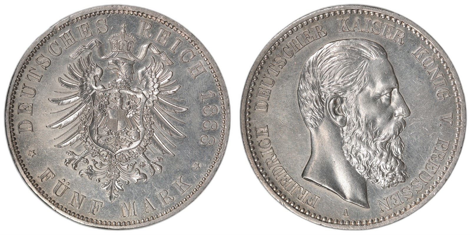 GERMANY. Friedrich I. 5 Mark. 1888-A. UNC.