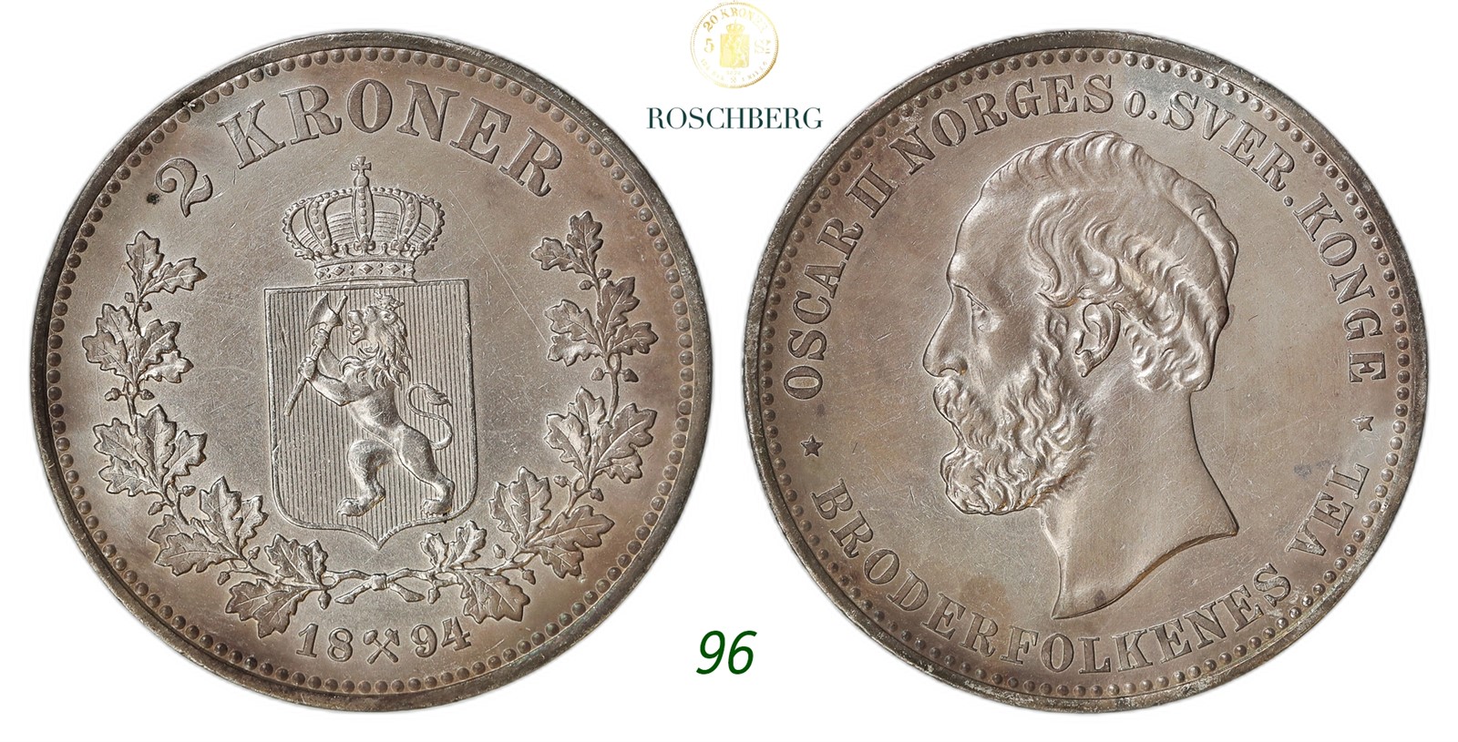 NORWAY. Oscar II. 2 Kroner 1894.