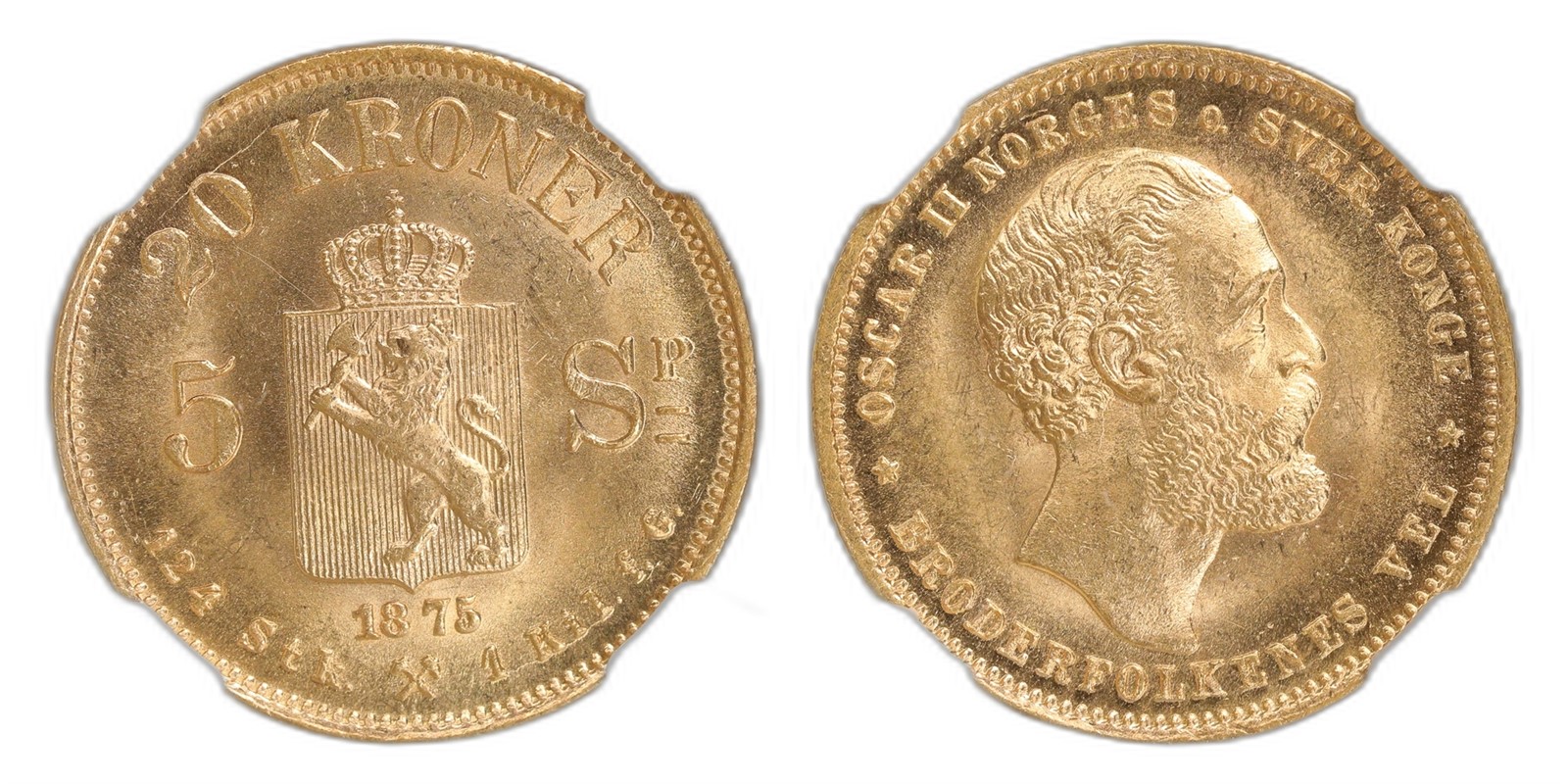 Norway. Oscar II. 20 Kroner / 5 Sp Gold 1875. Kv NGC MS64.