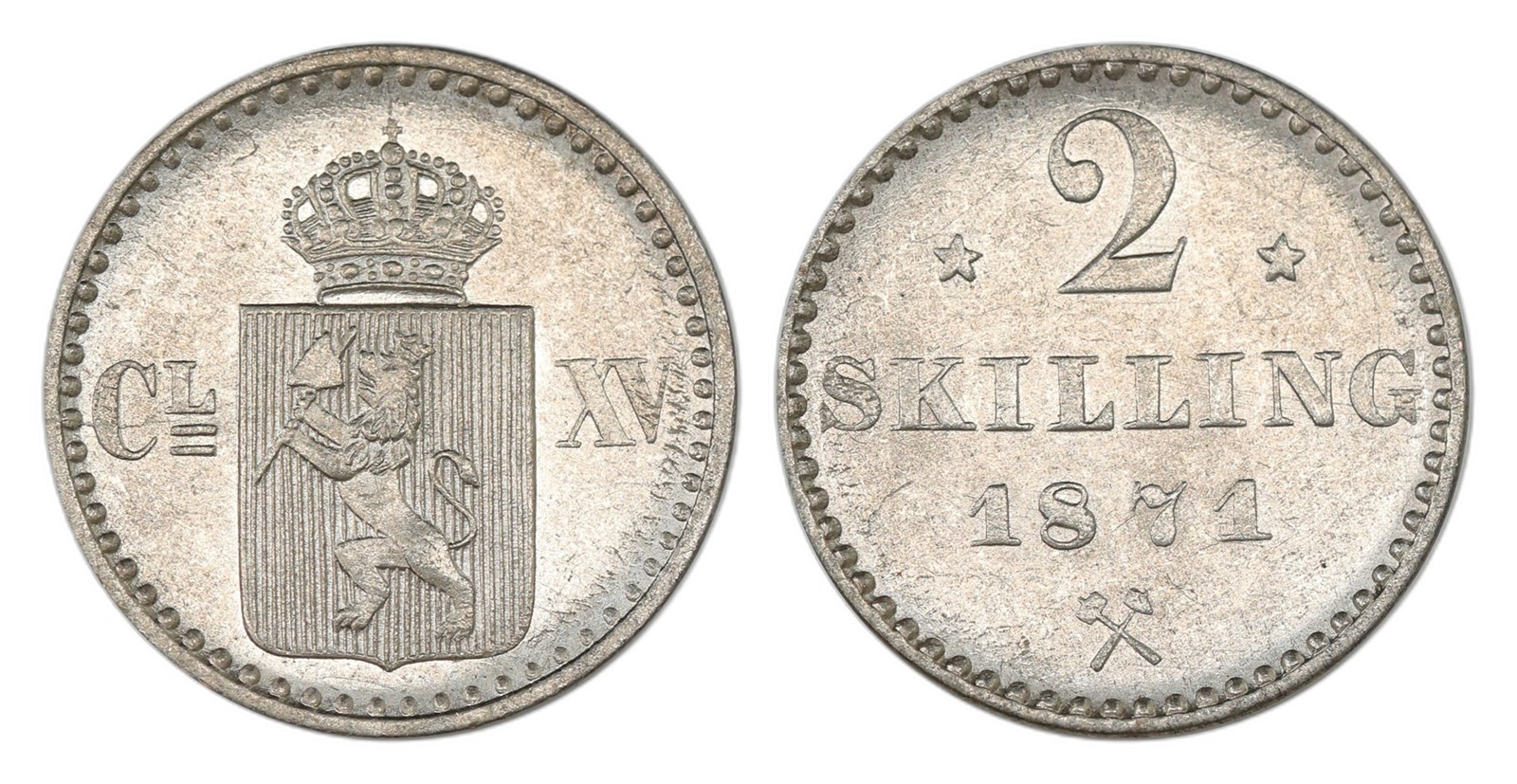 Norway. Carl XV. 2 Skilling 1871-Stars. Kv 0.
