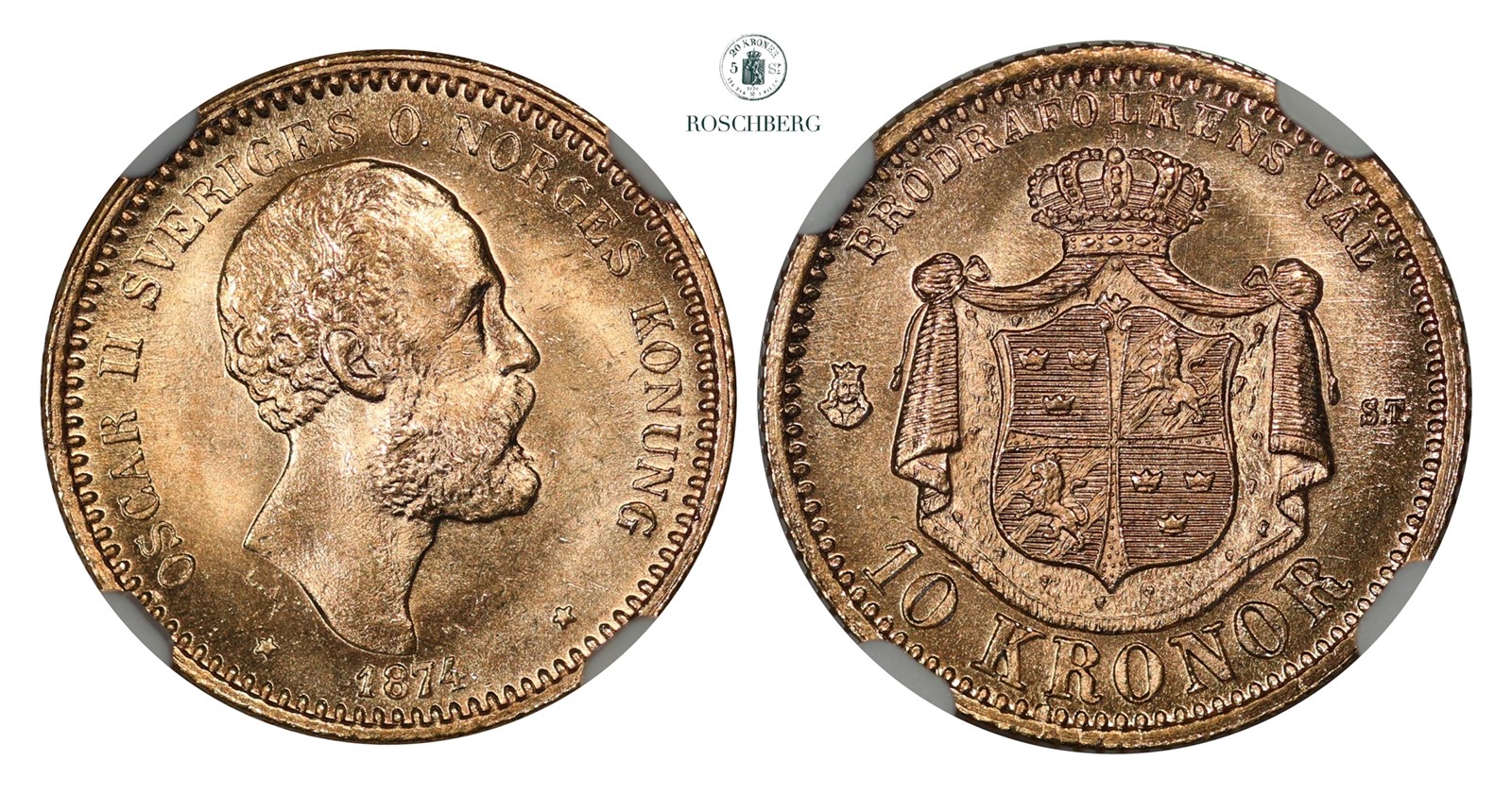 SWEDEN. 10 Kronor 1874 NGC MS66