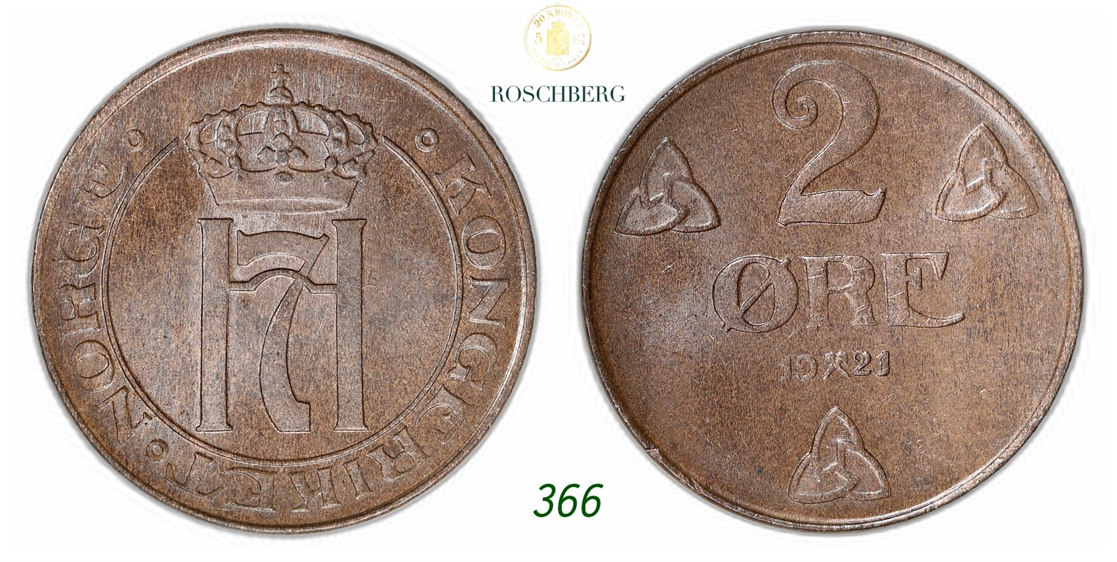 NORWAY. Haakon VII. 2 Øre 1921.