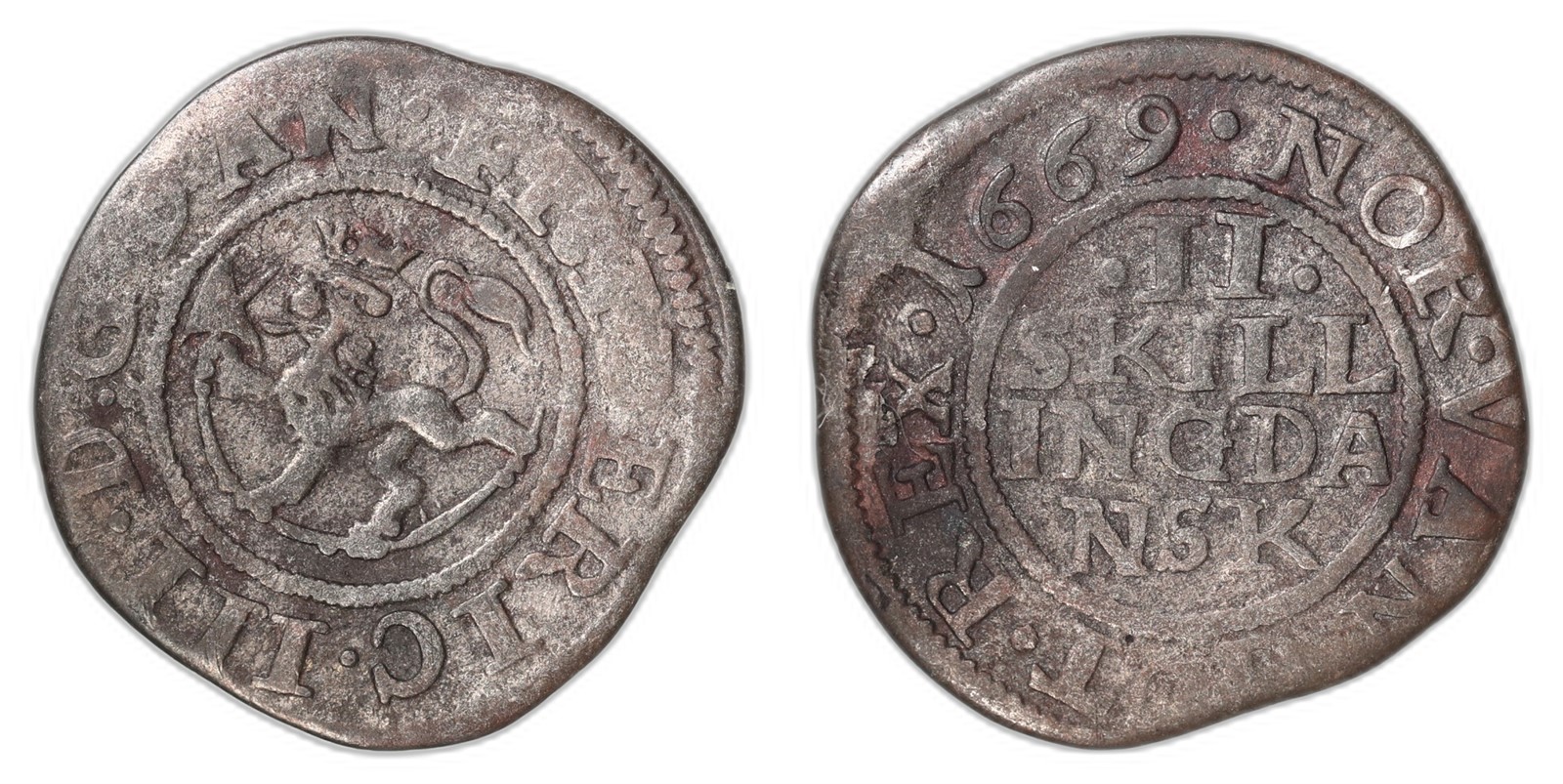 NORWAY. Frederik III. 2 Skilling. 1669. Kv 1 (VF).