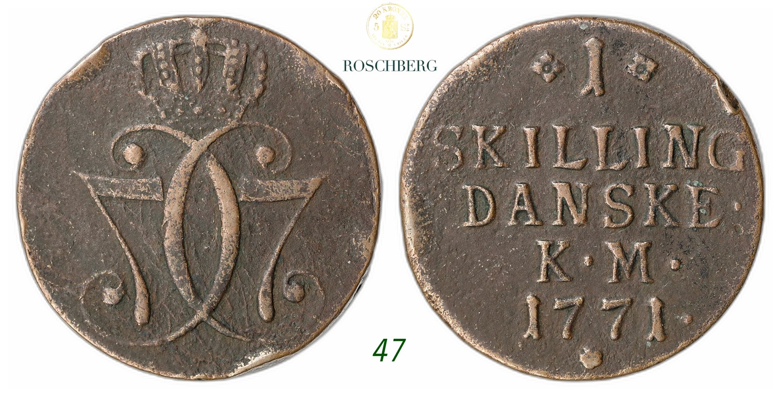 NORWAY. Christian VII. 1 Skilling 1771-Kongsberg.